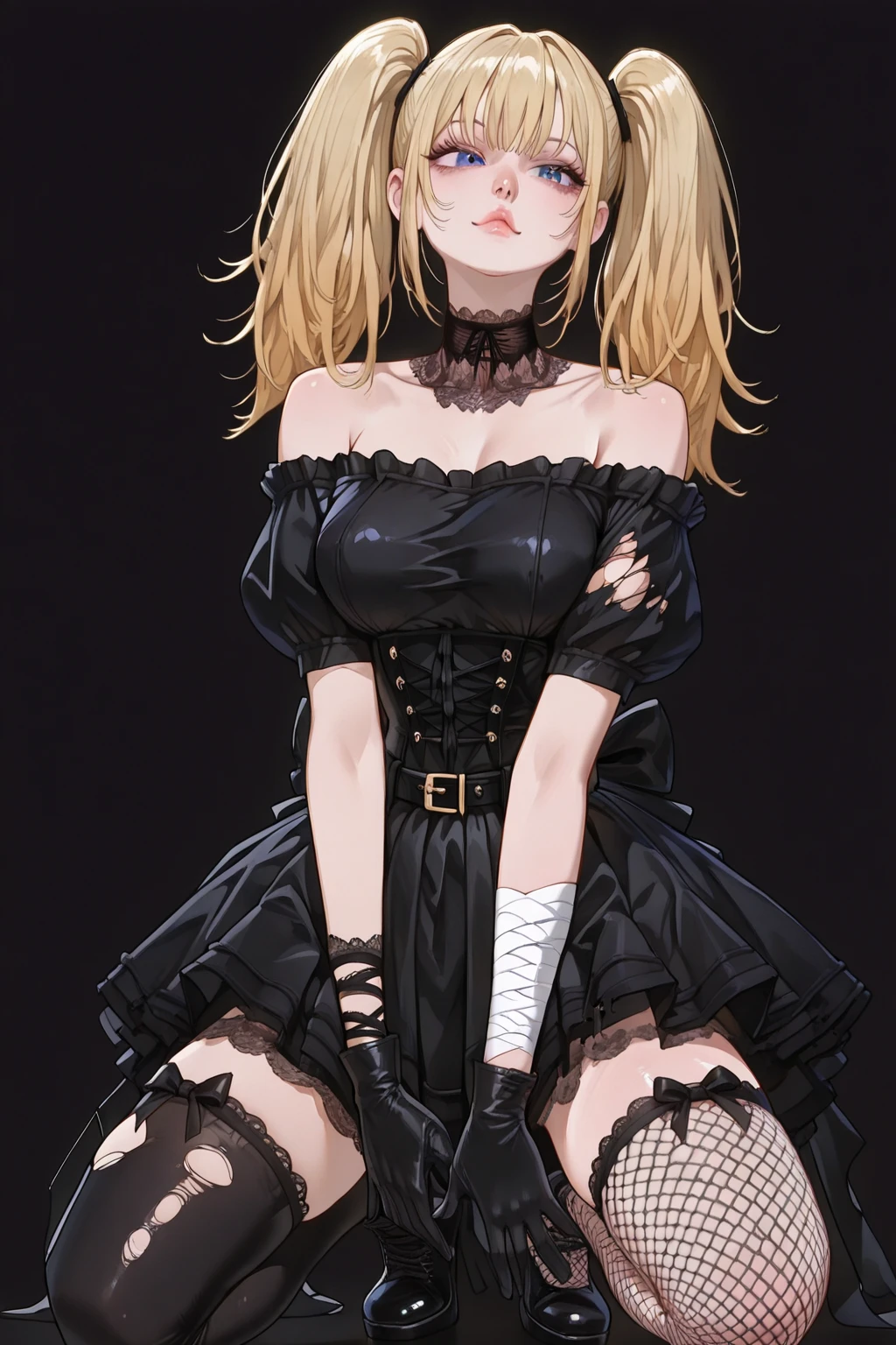(masterpiece, 4k, best quality, highly detailed, 1girl, solo, Misa, small breasts, gothic, minidress, bare legs, black clothes, full body, pantyshot, from above, knees together, strapless, strapless dress, full body, elbow gloves), ((petite)), blush, boots, outdoors, squatting, long hair, jewelry, two side up, brown eyes, choker, (lipstick:0.5), cross, earrings, dress, makeup, blonde hair, <lora:Misa:0.7>