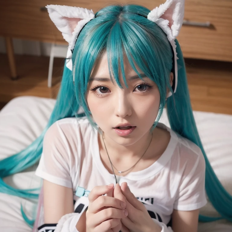 ((masterpiece)), ((best quality)), (ultra-detailed), full body, in the classroom, a cute girl, solo, school swimwear, beautiful light blue hair, beautiful green eyes, (beautiful eyes), cat ears, headphone, rainbow