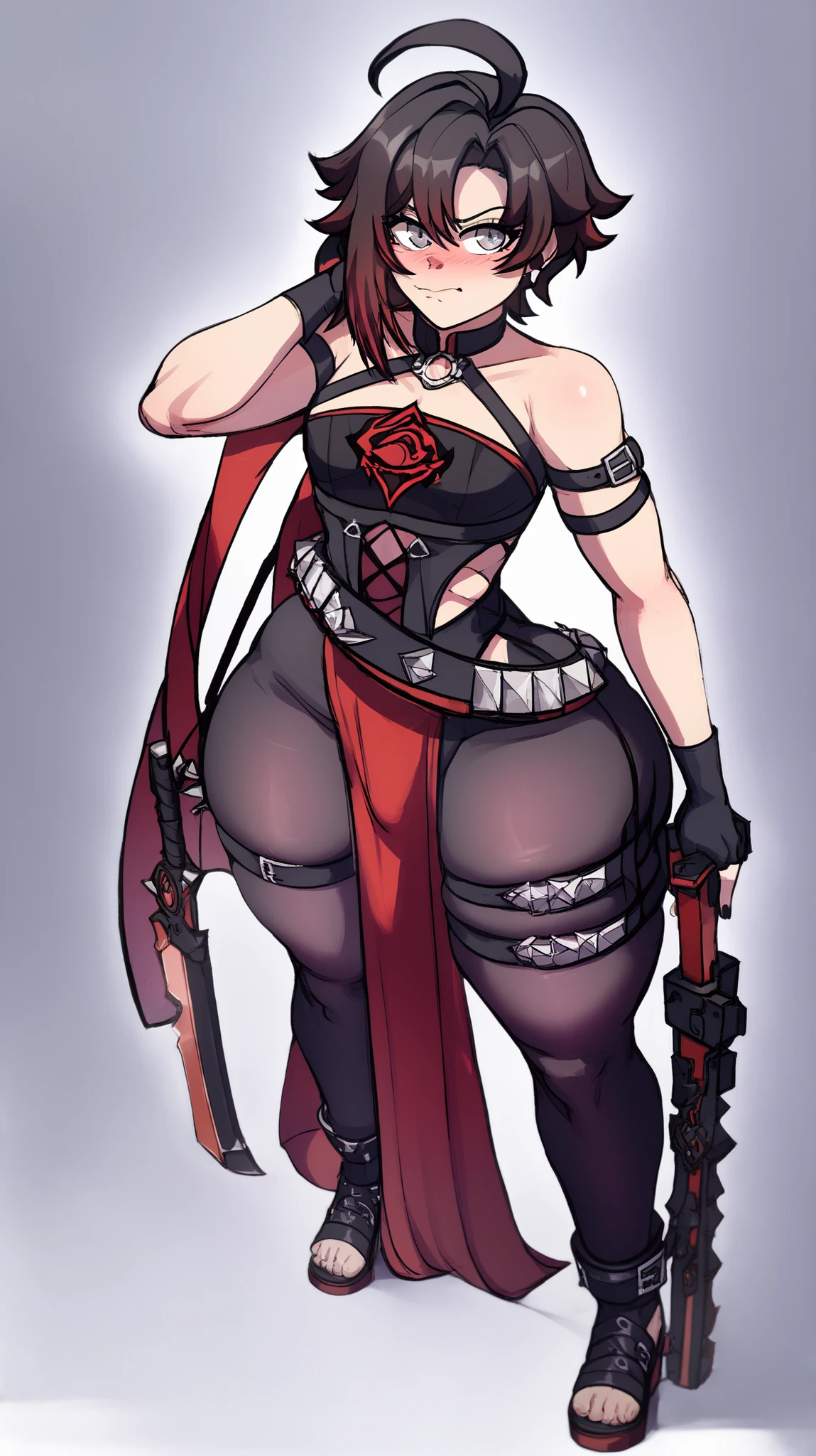 Masterpiece, Simple background, High Resolution, Accurate, Anatomically Correct, Best Quality, High Details, HD, High Quality, Stable, perfect face, blackwhiplash style,1 beautiful femboy ruby rose, grey eyes, flush expression, holding mechanical sheathed odachi sword Honkai impact 3rd inspired, pose, face foward, thicc, voluptuous, pawg, curvy,wide , thick thighs, thick , wearing a badass battle outfit, belts, black fingerless gloves,sliver belt,very long black chinese dress,black leggings,