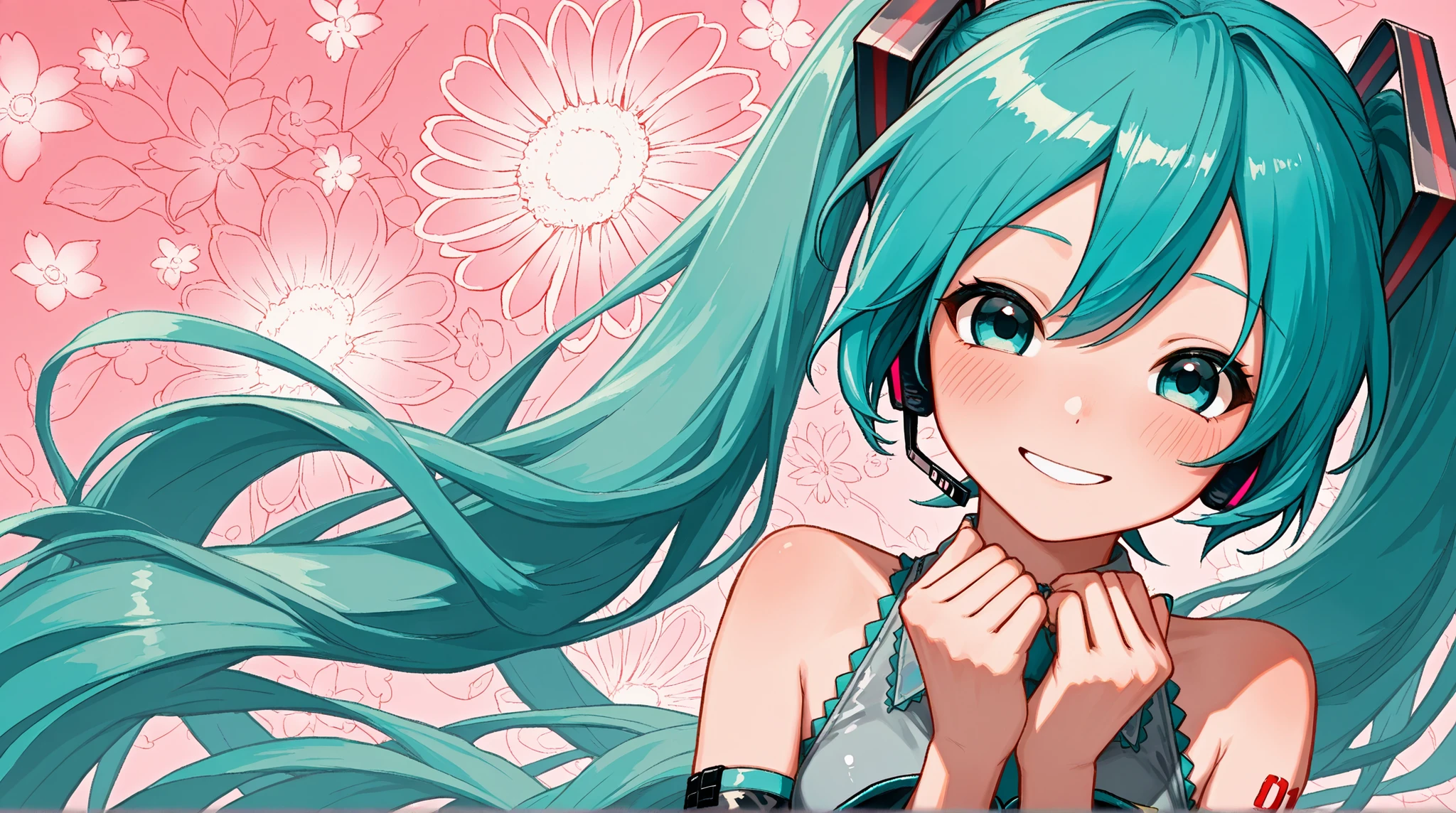 Hatsune Miku,Hatsune Miku,High Precision Selection, long hair at Boro-Yado, And look , blush, Smiling Yang , Highest Quality, headphones, flower background