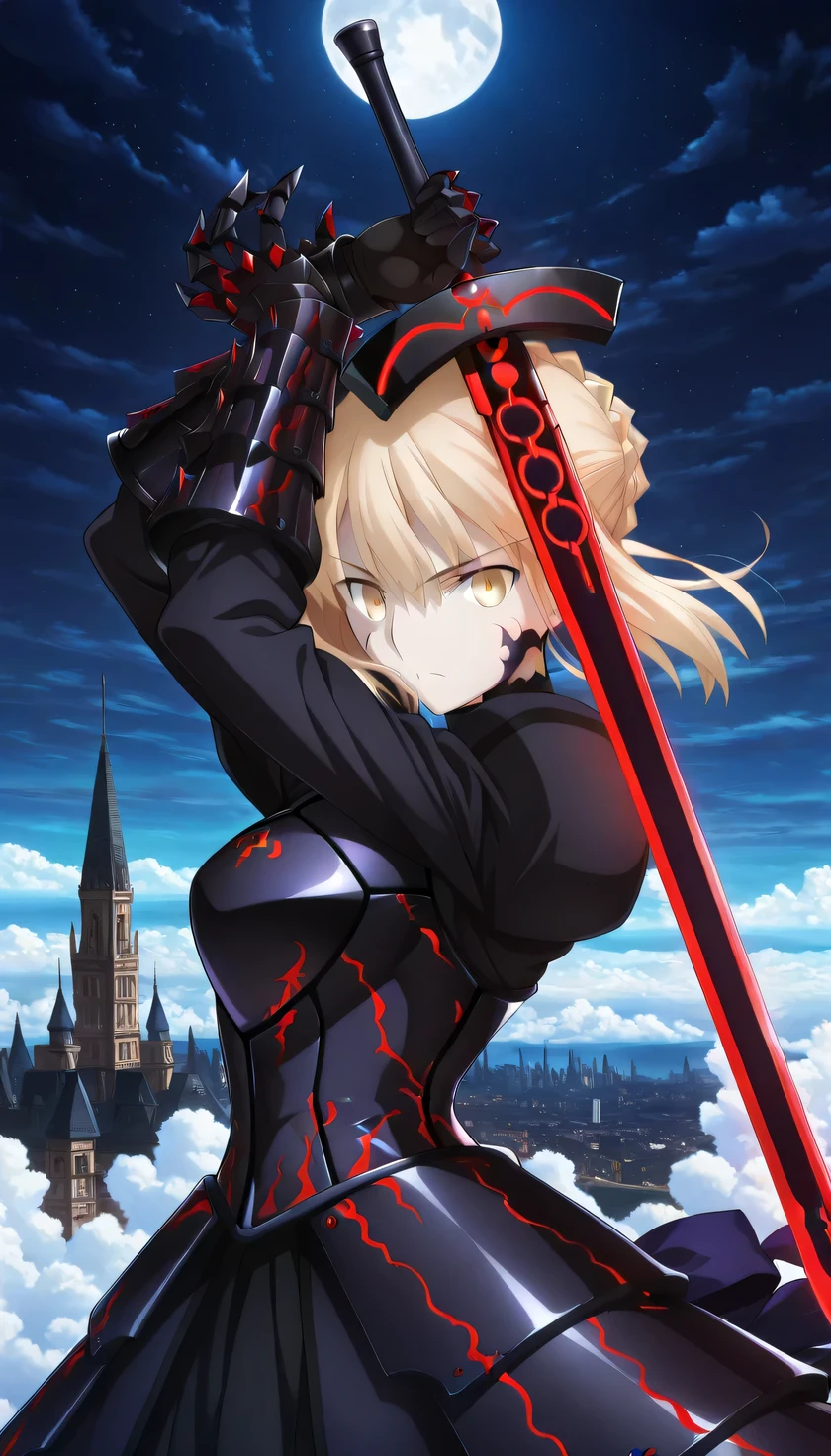 {{{masterpiece}}}, (best quality:1.5), (ultra-detailed:1.5), {illustration}, {{an extremely delicate and beautiful}}, (beautiful detailed eyes:1.5), absurdres, highres, extremely detailed face, 16k, hd, visual anime de uma jovem mulher, extremamente bonito rosto de anime, anime melhor garota, (perfect hands, perfect anatomy), anime face, Artoria Pendragon(Fate stay night), saber alter, 1girl, solo, cute face, artoria pendragon (fate), blonde hair, yellow eyes, french braid, braided bun, single hair bun, short hair, sidelocks, pale skin, medium breasts, big hips, curvaceous, BREAK, turtleneck, black dress, black armor, breastplate, armored dress, juliet sleeves, long sleeves, clawed gauntlets, faulds, long dress, BREAK, weapon, excalibur morgan (fate), glowing weapon, fighting stance, (holding sword:1.2), BREAK, cool face, expressionless, standing, legs apart, sky above, levitation, floating, above the clouds, looking at viewer, outdoor, night, city night view, night sky, moon, (from side:1.2), (upper body:1.5)