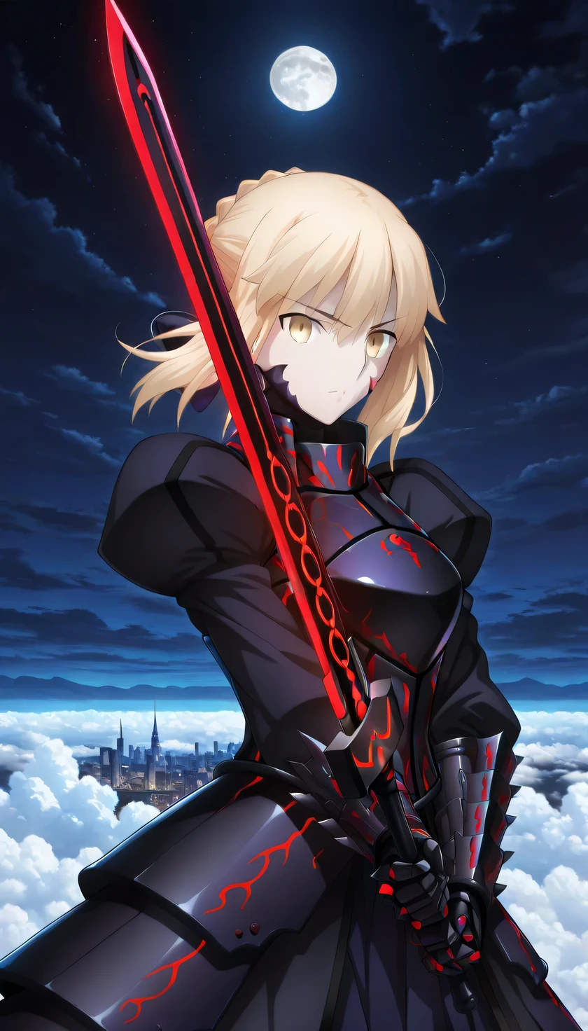 {{{masterpiece}}}, (best quality:1.5), (ultra-detailed:1.5), {illustration}, {{an extremely delicate and beautiful}}, (beautiful detailed eyes:1.5), absurdres, highres, extremely detailed face, 16k, hd, visual anime de uma jovem mulher, extremamente bonito rosto de anime, anime melhor garota, (perfect hands, perfect anatomy), anime face, Artoria Pendragon(Fate stay night), saber alter, 1girl, solo, cute face, artoria pendragon (fate), blonde hair, yellow eyes, french braid, braided bun, single hair bun, short hair, sidelocks, pale skin, medium breasts, big hips, curvaceous, BREAK, turtleneck, black dress, black armor, breastplate, armored dress, juliet sleeves, long sleeves, clawed gauntlets, faulds, long dress, BREAK, weapon, excalibur morgan (fate), glowing weapon, fighting stance, (holding sword:1.2), BREAK, cool face, expressionless, standing, legs apart, sky above, levitation, floating, above the clouds, looking at viewer, outdoor, night, city night view, night sky, moon, (from side:1.2), (upper body:1.5)