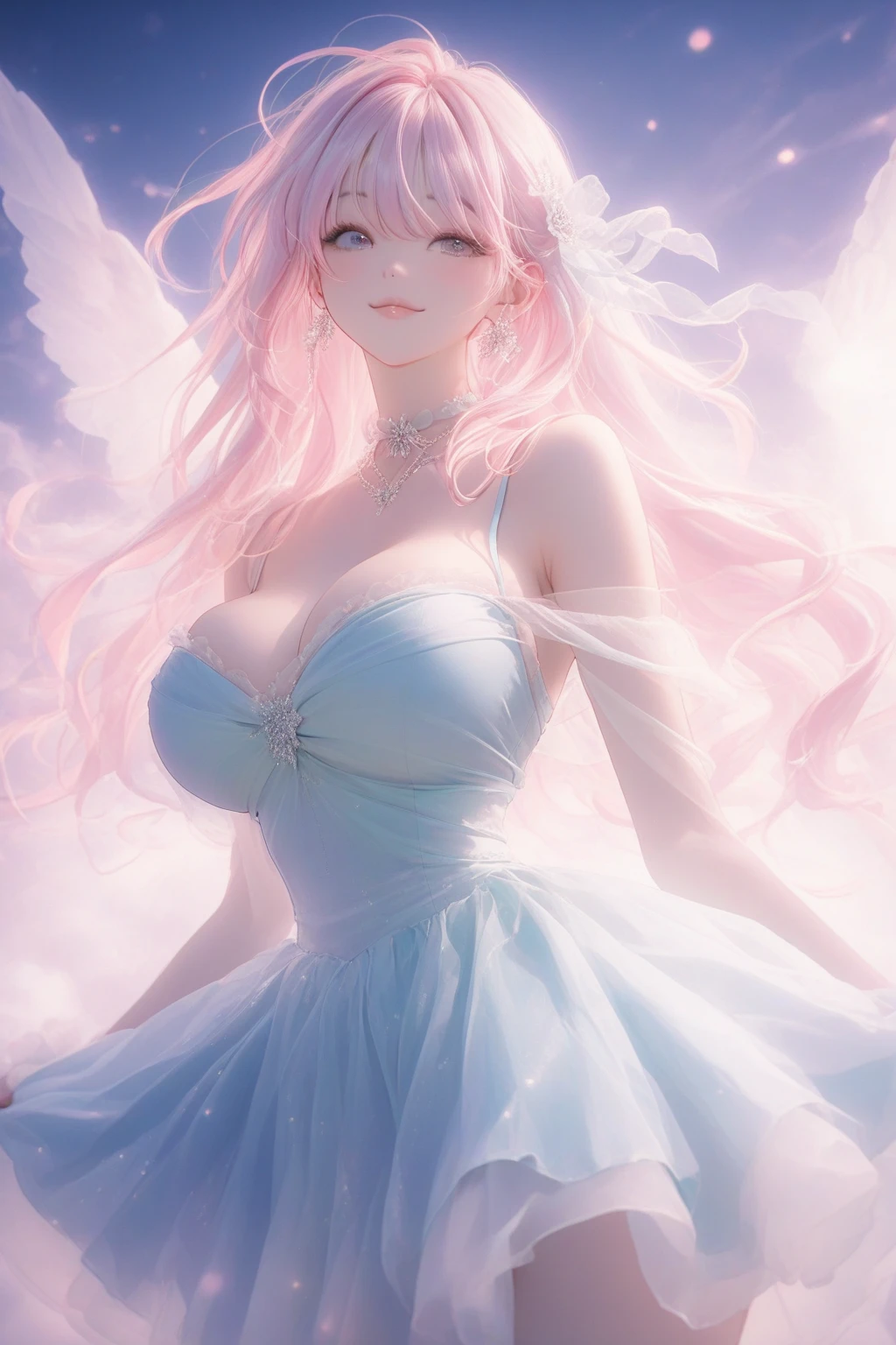 ((masterpiece, detailed, high quality, )), (rim lighting), mature female, angel warrior, looking at viewer, eye focus, pink hair, long hair, large breasts, close-up, simple background, BREAK, amazing dress, fantasy