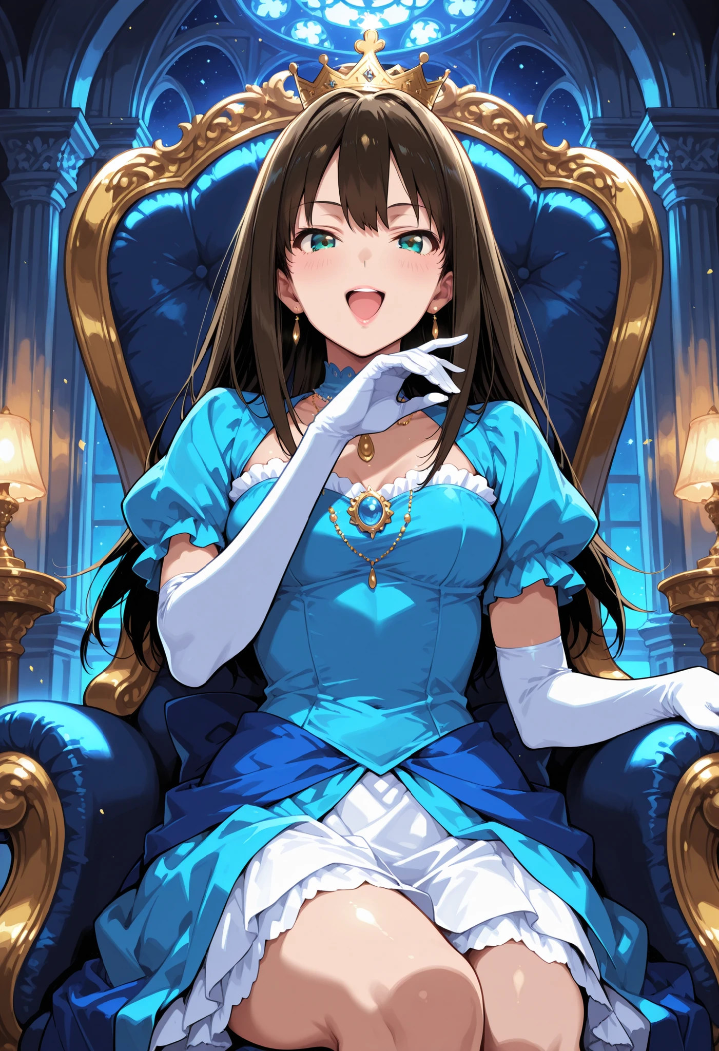 Score_9, score_8_up, score_7_up, source_anime, shibuya rin, long hair, brown hair, green eyes, (best quality), (high quality), {masterpiece}, extremely delicate and beautiful, ultra-detailed, beautiful detailed eyes, princess, blue dress, puffy sleeves, short sleeves, white elbow gloves, gold crown, jewelry, in the palace, night, ojou-sama pose, pink lips, smirk, open mouth, sitting on throne