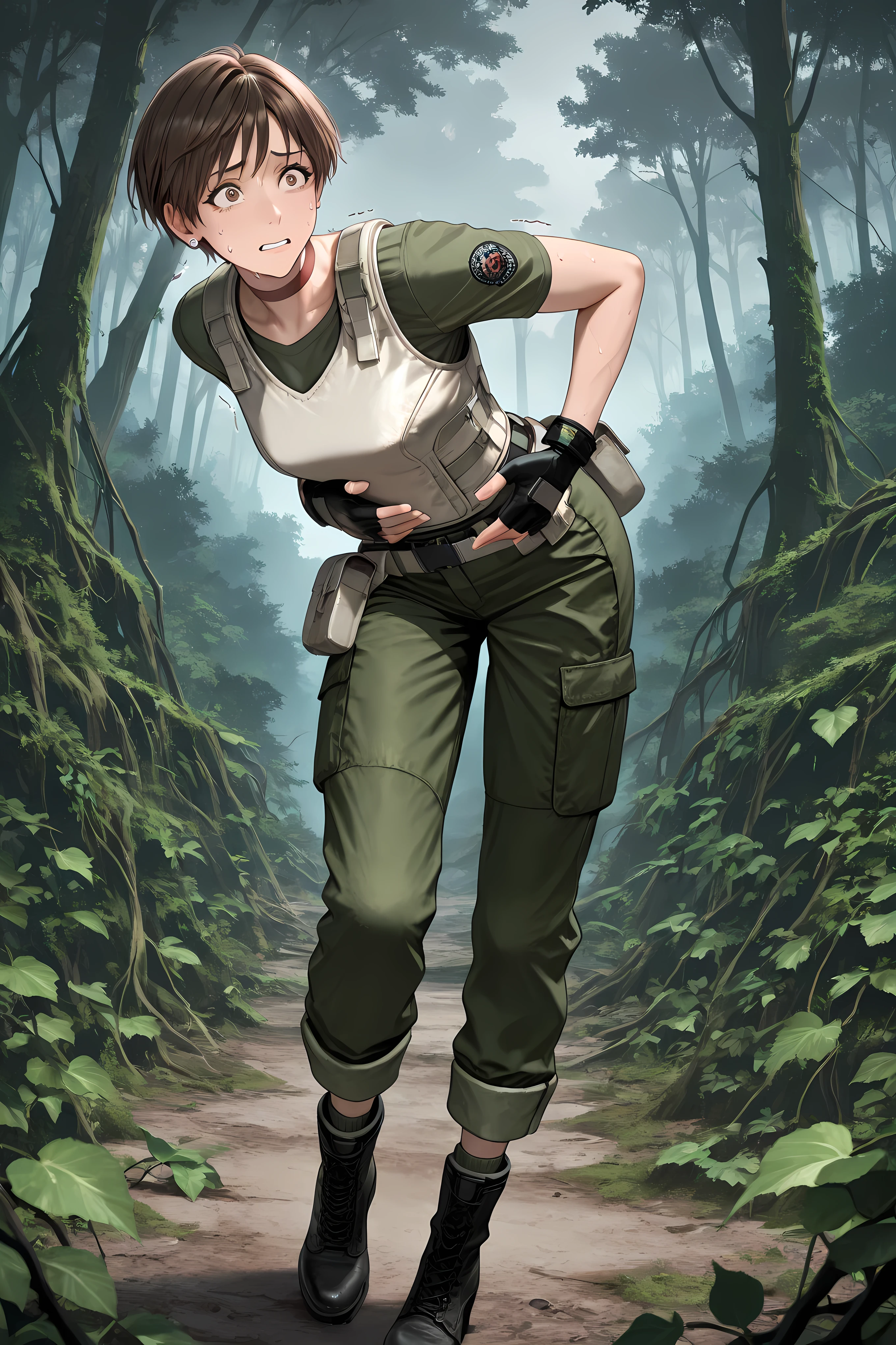 rbchm, brown hair, short hair, brown eyes, stud earrings, red choker, white vest, green shirt, short sleeves, belt, belt pouch, fingerless gloves, black gloves, green pants, cargo pants, black boots, ankle boots
Solo, general, masterpiece, highres, ultra-detailed, hyper-detailed, best quality, amazing quality, very aesthetic, best hands, best eyes, best hand
adult woman, 1woman, hand on own stomach, sweat, leaning forward, nervous, scared, trembling legs, open field, huge forest, abandoned budling background, overgrown vine, dark gray sky,