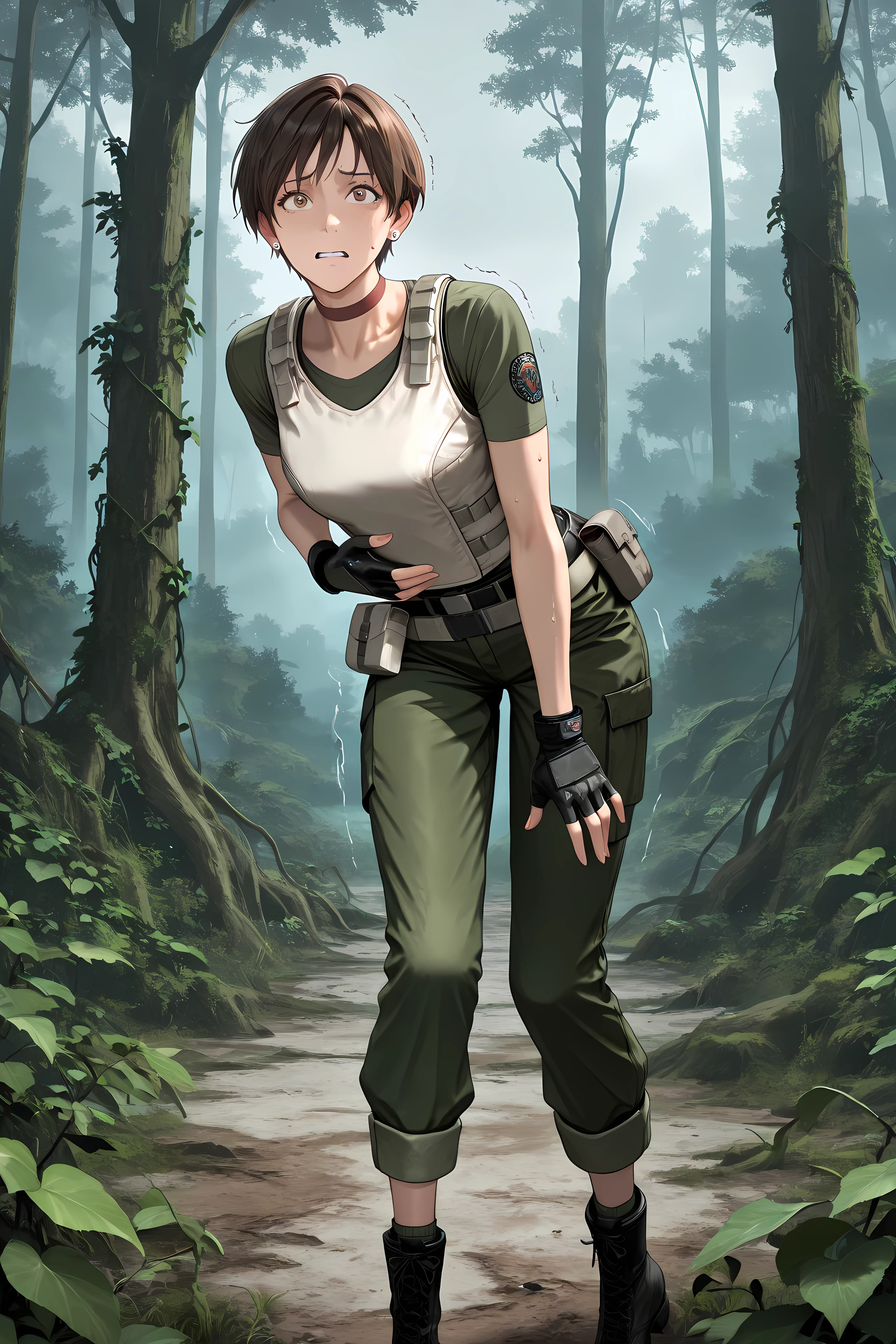 rbchm, brown hair, short hair, brown eyes, stud earrings, red choker, white vest, green shirt, short sleeves, belt, belt pouch, fingerless gloves, black gloves, green pants, cargo pants, black boots, ankle boots
Solo, general, masterpiece, highres, ultra-detailed, hyper-detailed, best quality, amazing quality, very aesthetic, best hands, best eyes, best hand
adult woman, 1woman, hand on own stomach, sweat, leaning forward, nervous, scared, trembling legs, open field, huge forest, abandoned budling background, overgrown vine, dark gray sky,