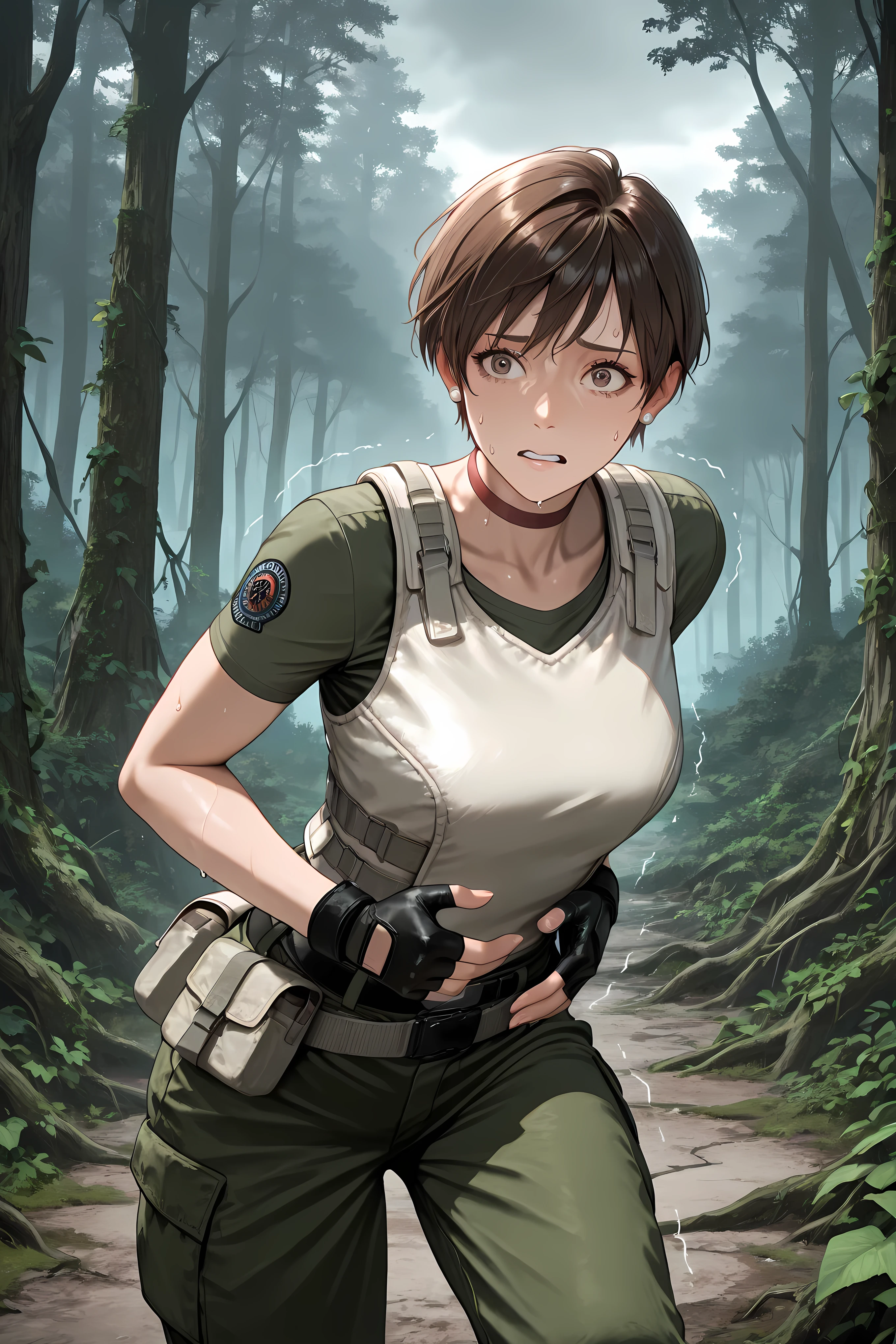 rbchm, brown hair, short hair, brown eyes, stud earrings, red choker, white vest, green shirt, short sleeves, belt, belt pouch, fingerless gloves, black gloves, green pants, cargo pants, half body shot,
Solo, general, masterpiece, highres, ultra-detailed, hyper-detailed, best quality, amazing quality, very aesthetic, best hands, best eyes, best hand
adult woman, 1woman, hand on own stomach, sweat, leaning forward, nervous, scared, trembling legs, open field, huge forest, abandoned budling background, overgrown vine, dark gray sky,