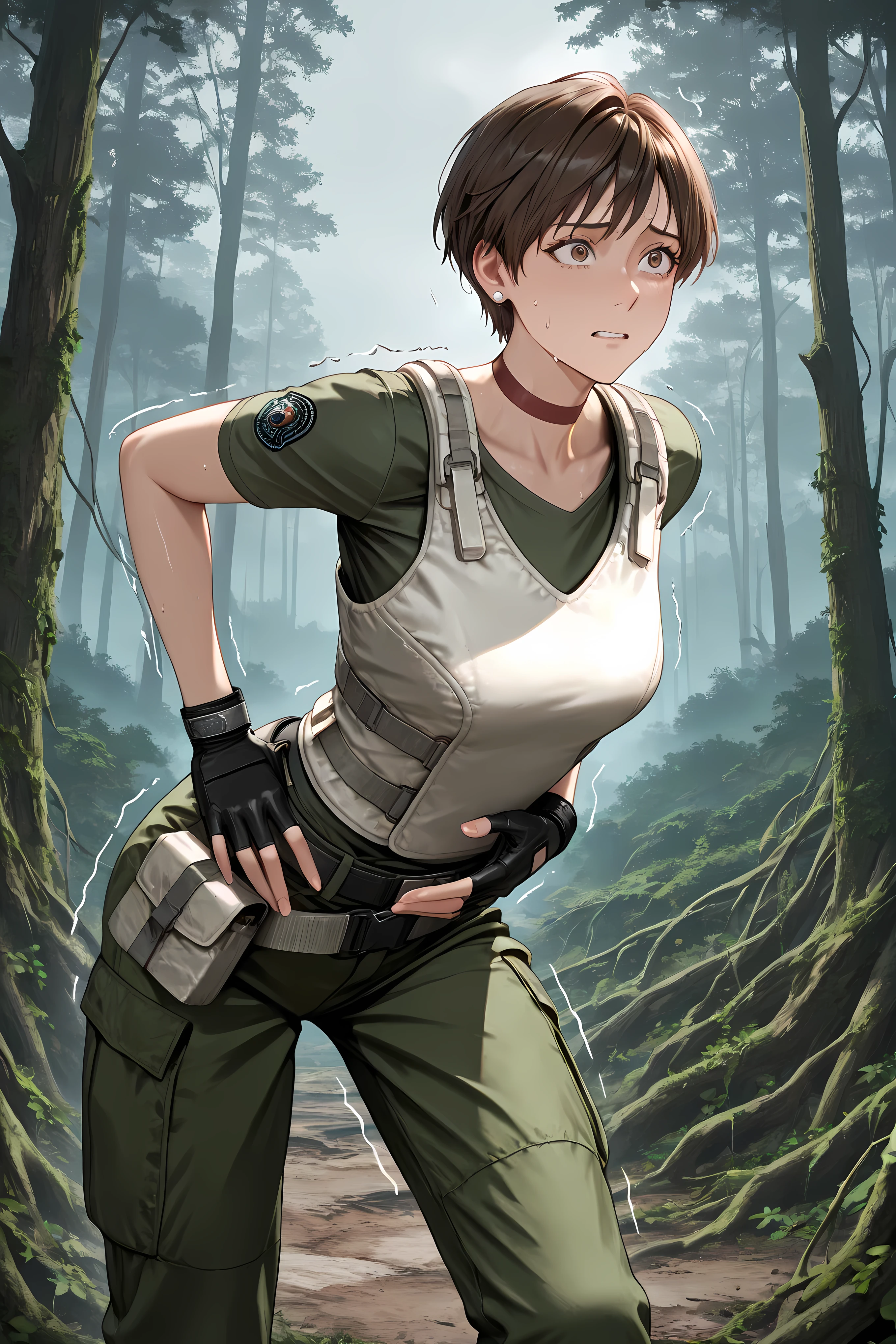 rbchm, brown hair, short hair, brown eyes, stud earrings, red choker, white vest, green shirt, short sleeves, belt, belt pouch, fingerless gloves, black gloves, green pants, cargo pants, half body shot,
Solo, general, masterpiece, highres, ultra-detailed, hyper-detailed, best quality, amazing quality, very aesthetic, best hands, best eyes, best hand
adult woman, 1woman, hand on own stomach, sweat, leaning forward, nervous, scared, trembling legs, open field, huge forest, abandoned budling background, overgrown vine, dark gray sky,