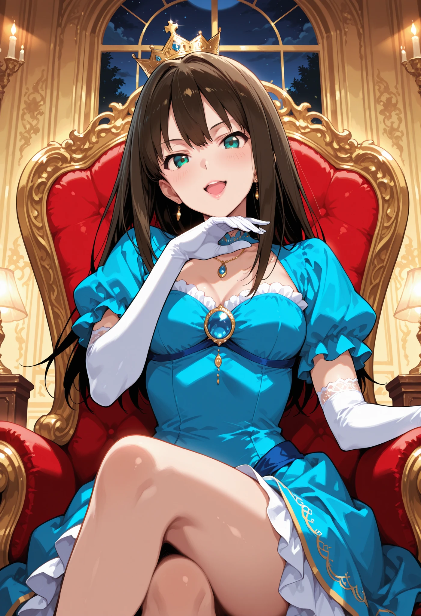 Score_9, score_8_up, score_7_up, source_anime, shibuya rin, long hair, brown hair, green eyes, (best quality), (high quality), {masterpiece}, extremely delicate and beautiful, ultra-detailed, beautiful detailed eyes, princess, blue dress, puffy sleeves, short sleeves, white elbow gloves, gold crown, jewelry, in the palace, night, ojou-sama pose, pink lips, smirk, open mouth, sitting on throne