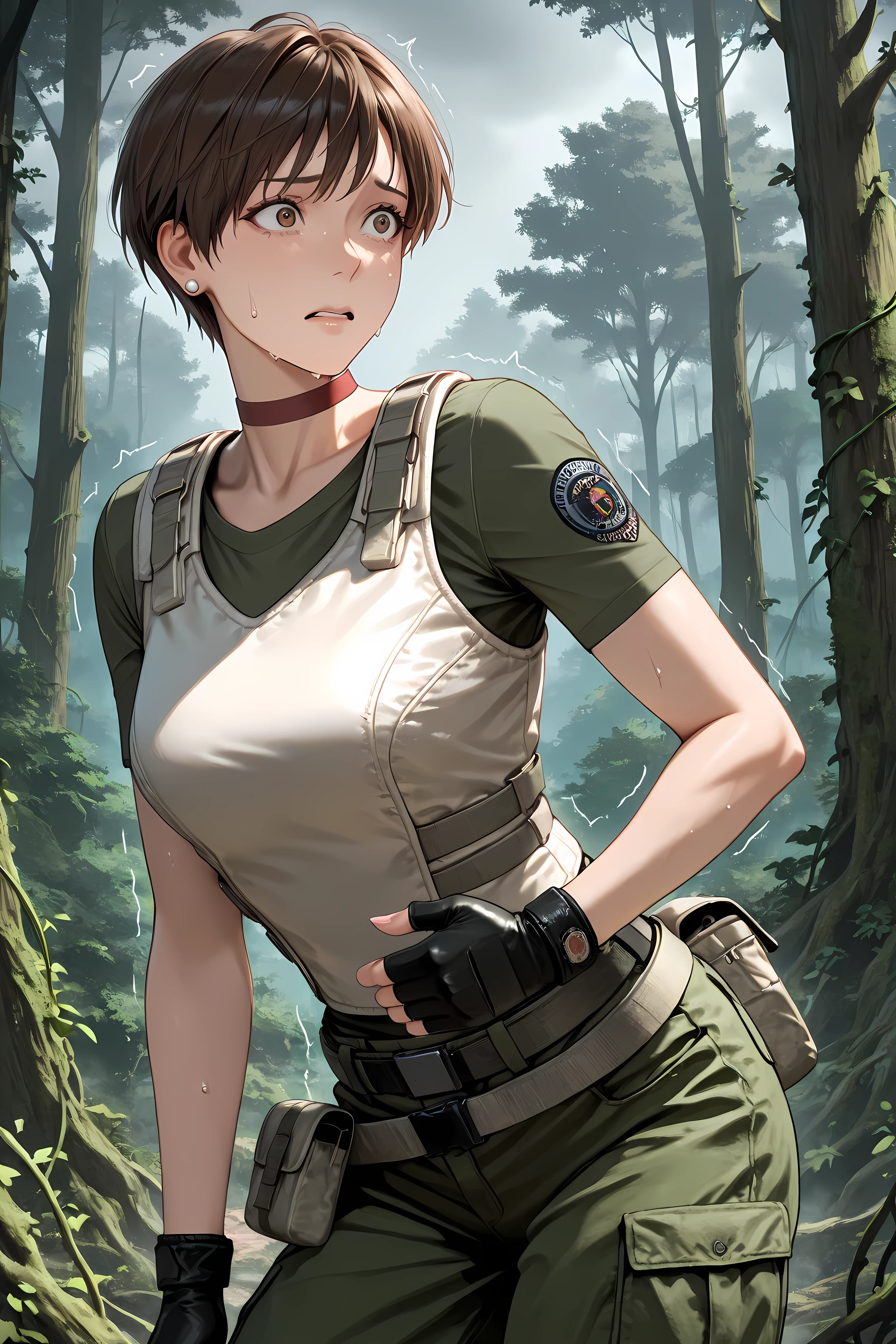 rbchm, brown hair, short hair, brown eyes, stud earrings, red choker, white vest, green shirt, short sleeves, belt, belt pouch, fingerless gloves, black gloves, green pants, cargo pants, half body shot,
Solo, general, masterpiece, highres, ultra-detailed, hyper-detailed, best quality, amazing quality, very aesthetic, best hands, best eyes, best hand
adult woman, 1woman, hand on own stomach, sweat, leaning forward, nervous, scared, trembling legs, open field, huge forest, abandoned budling background, overgrown vine, dark gray sky,