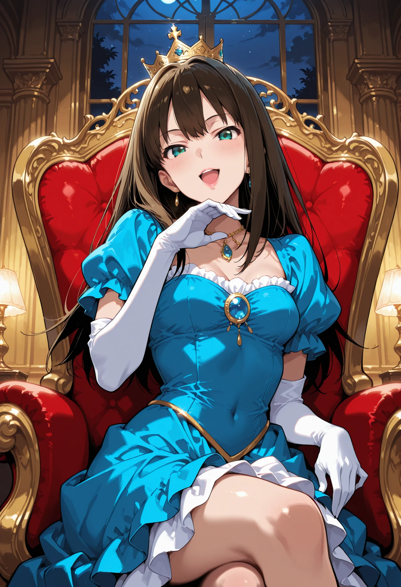Score_9, score_8_up, score_7_up, source_anime, shibuya rin, long hair, brown hair, green eyes, (best quality), (high quality), {masterpiece}, extremely delicate and beautiful, ultra-detailed, beautiful detailed eyes, princess, blue dress, puffy sleeves, short sleeves, white elbow gloves, gold crown, jewelry, in the palace, night, ojou-sama pose, pink lips, smirk, open mouth, sitting on throne