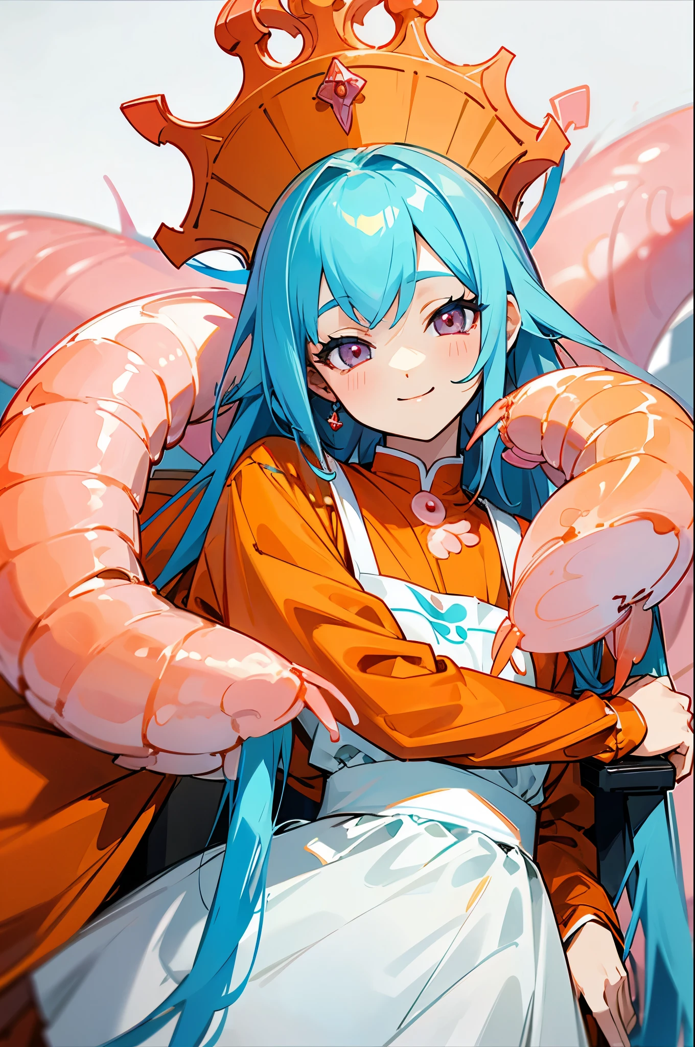 shrimp monster women、Orange Clothes、light blue hair、pink eyes、Smile Yan、upper body closeup、apron、There is a family of shrimp around、Lots of shrimp families、 She is sitting on a throne