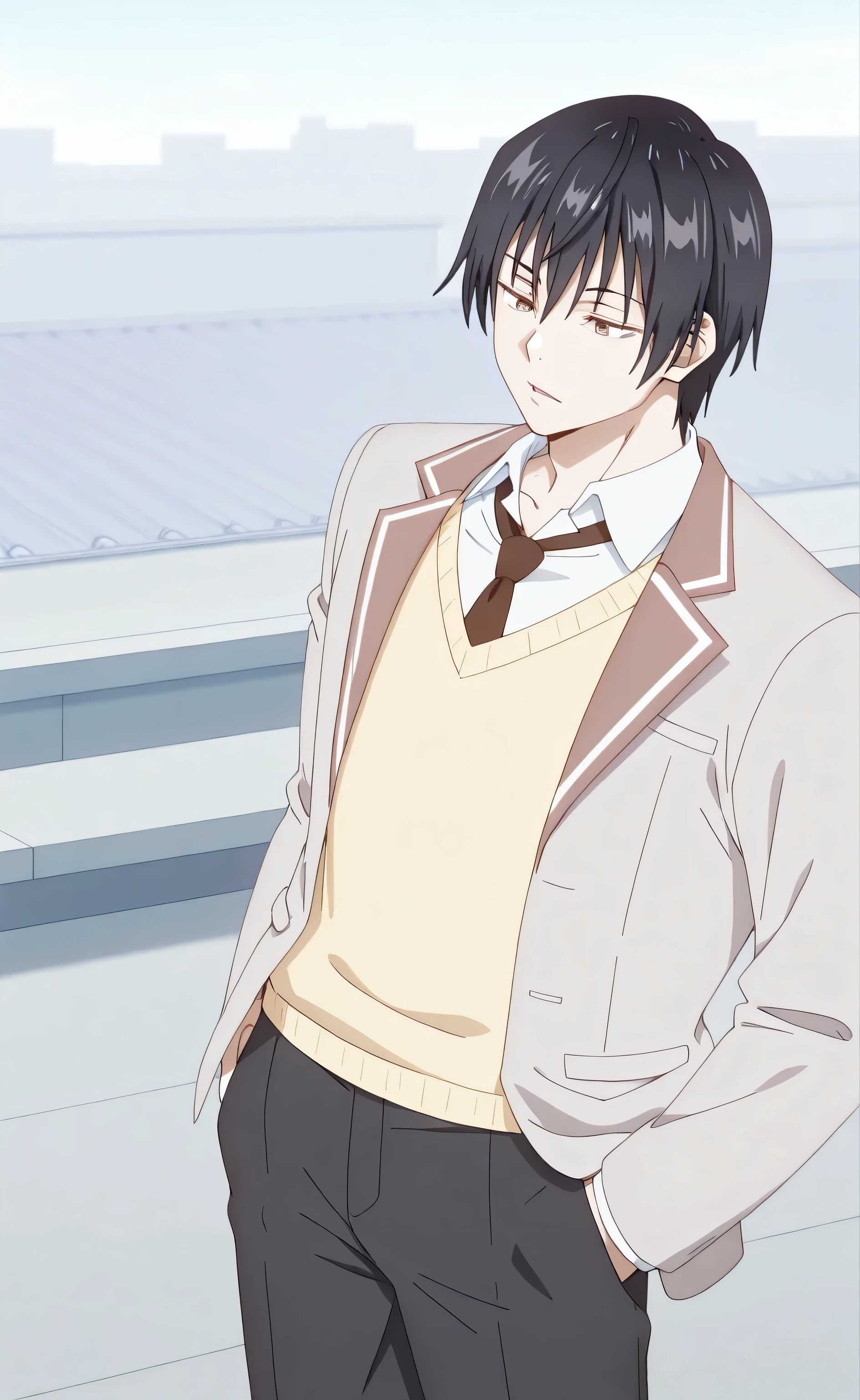 1male,solo,Touji Fushiguro,black hair,brown eyes,grim,beige blazer,white shirt,dark-brown necktie,yellow sweater-vest,black pants,muscle,hand in pocket,lazy,rooftop,Tokidoki Bosotto Russia go De Dereru Tonari No Alya san [Anime style]