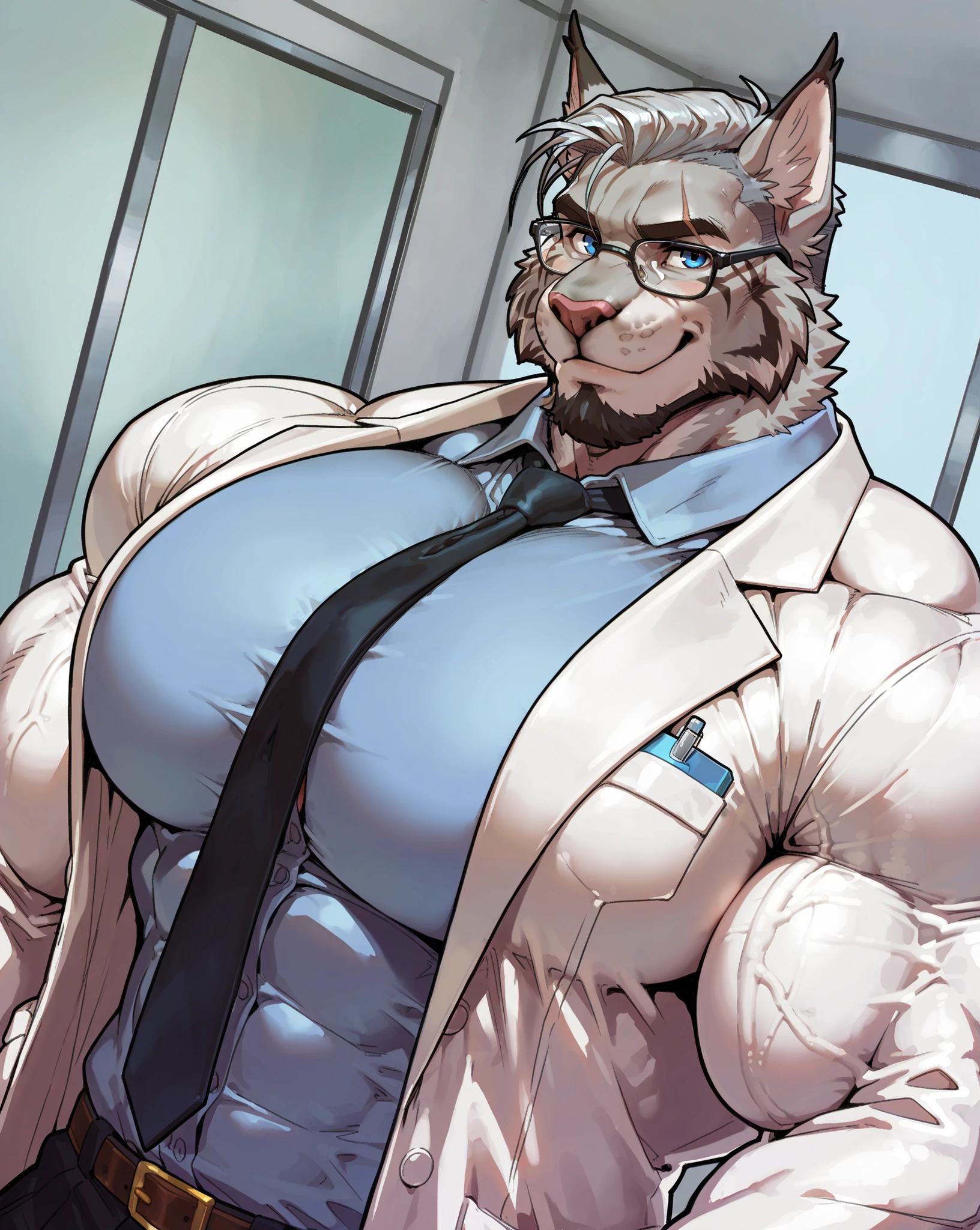 masterpiece, best quality, 8k resolution, Very detailed, hairy，tiger，((red hair))，muscle，Strong，超大muscle，((Hospital))，(((Purple pupils)))，For the audience，(((White coat)))，portrait，(((No clothes under the coat)))，(Highest quality scene)，(((Thong)))，(((Blushing)))，(((Hip bulge)))，(((Ultra clear eyes))，((Solitary))，((whole body))，(((Standing)))，((Mature))，(((Uncle)))，(((Orange fur)))，((Shame))，((Smile))