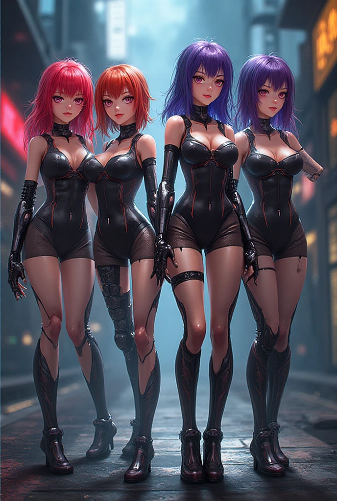 Girl Android demonic gloomy with long red hair she has a playful look she has a mask on her face a respirator she has a deep neckline and bare hips a woman with sexy hips half cyborg modification Beautiful fur blue eyes stands in full height Anime Style black background Cyberpunk style, the camera films Her from below the lower angle of photography a woman stands over the camera a girl hangs over the camera lens and looks into the lens black background image night black city and red neon lights red lamps red lighting red flashes in the background