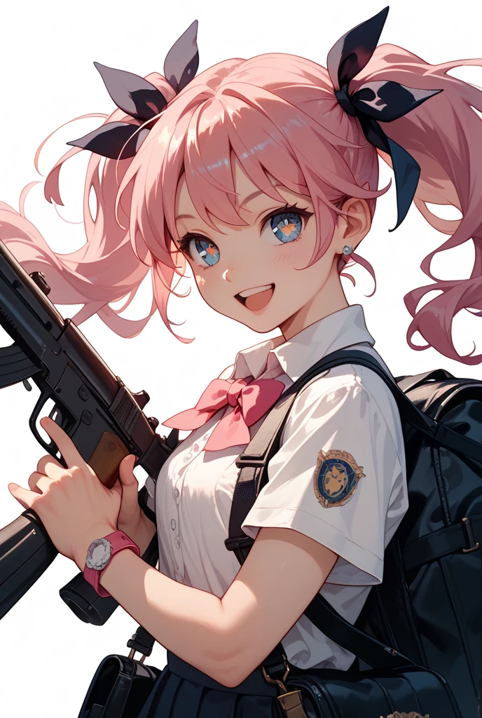 One girl、[17277fbe68],He threatened Hideo.、high quality、Maximum details、(((最high quality、masterpiece、Official Art、Best dynamic composition)))、(Thin Hair)、(Tabletop, 最high quality), Very detailed, Anime Style, whole body, Cyberpunk Girl, Gripping a high-tech rifle, Milky white and pink hair, Sparkling blue eyes, Wearing a magical girl costume , 8K high resolution, Trend Art Station, White Background, Standing in the Wilderness, whole body,