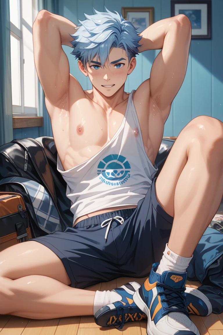 (Anime sharp lines, crisp lineart), masterpiece, best quality, solo, 1boy, 21yo Althletic twunk, (short hair crewcut hair dark blonde:1.2), shirtless, Spiderman patterned boxer shorts designed by (Calvin Klein), realistic, dramatic lighting, atmospheric, intricate detail, exhausted grin, sweaty, happy, in locker room,