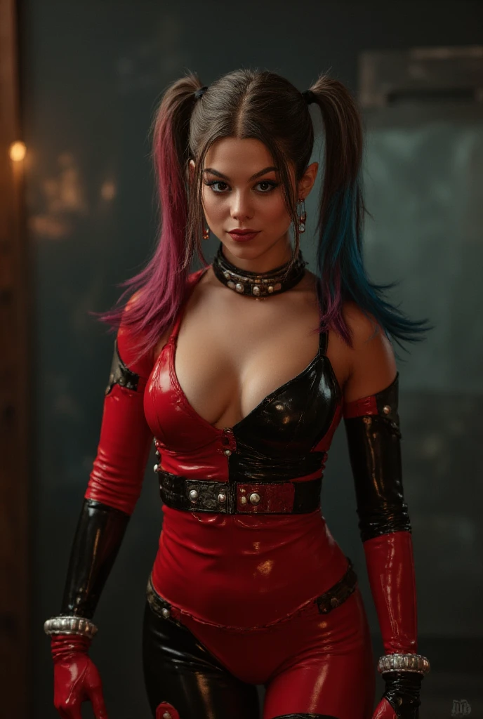 best quality, masterpiece, HDR, intricate, highly detailed, hyperdetailed, massive breasts, cleavage, <lora:harley_quinn_(justice_league_gods_and_monsters):0.7>harley quinn (justice league gods and monsters), twintails