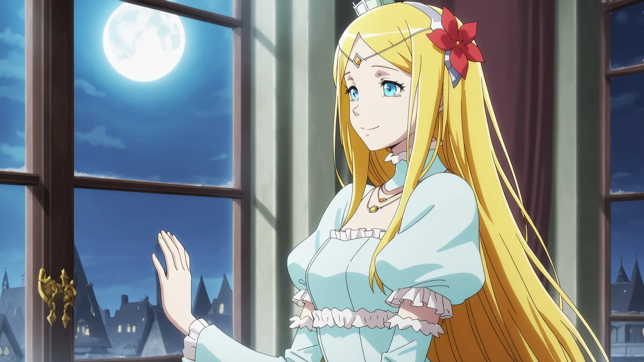1girl,solo,renner theiere chardelon ryle vaiself, long hair, blue eyes, blonde hair, hair ornament, very long hair, flower, hair flower, mature female, small , anime screencap,long sleeves, dress, jewelry, puffy sleeves, necklace, blue dress, crown, princess, frills,Detailed background, moonlight streaming through the window,side view,the best smile,moon, the medieval city, a beautiful landscape