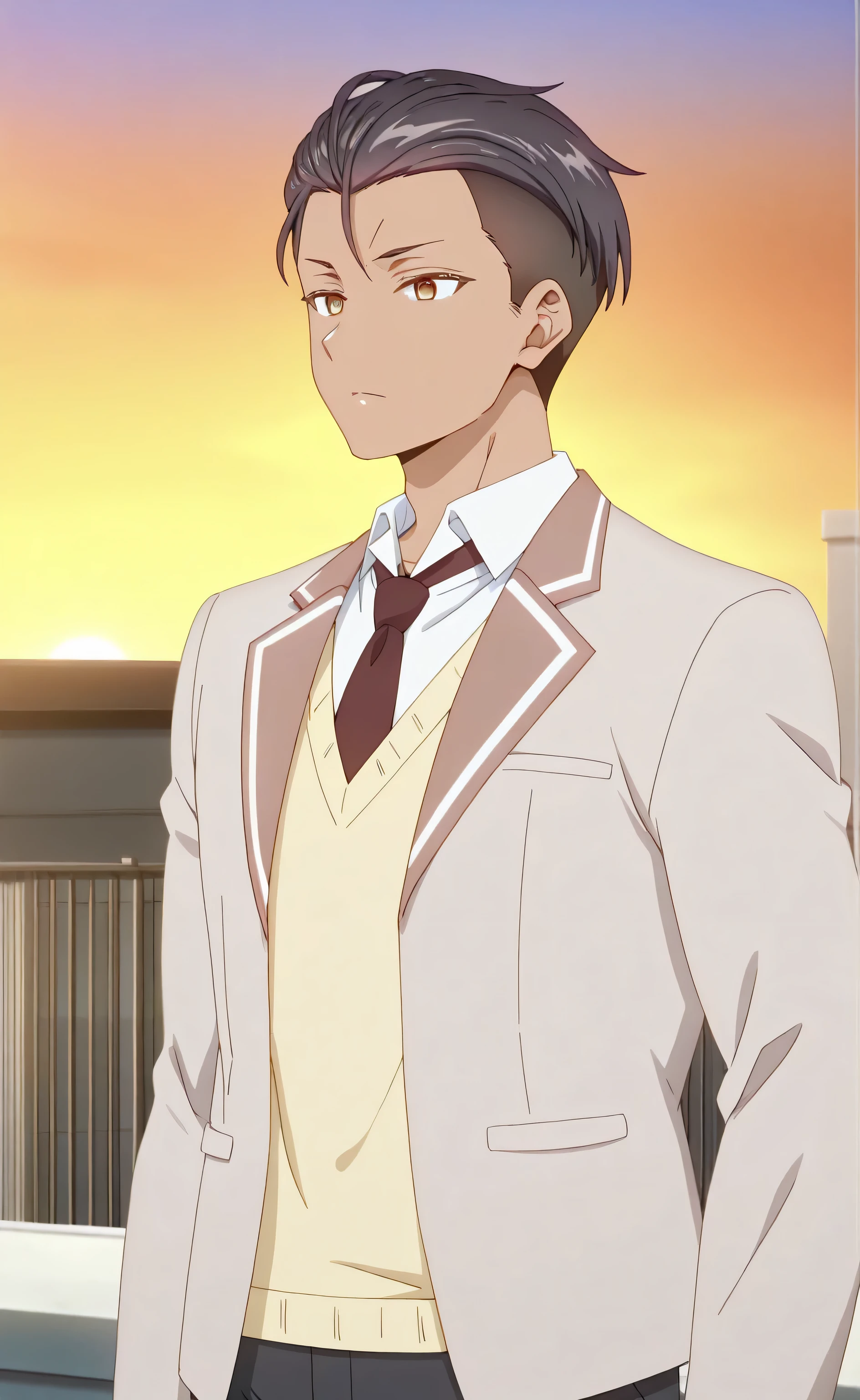 1male,solo,black hair,short hair,slicked back hair,undercut hair,amber eyes,grim,tan skin,beige blazer,white shirt,yellow sweater-vest,dark-brown necktie,black pants,muscle,sunset,rooftop,Tokidoki Bosotto Russia go De Dereru Tonari No Alya san Anime style