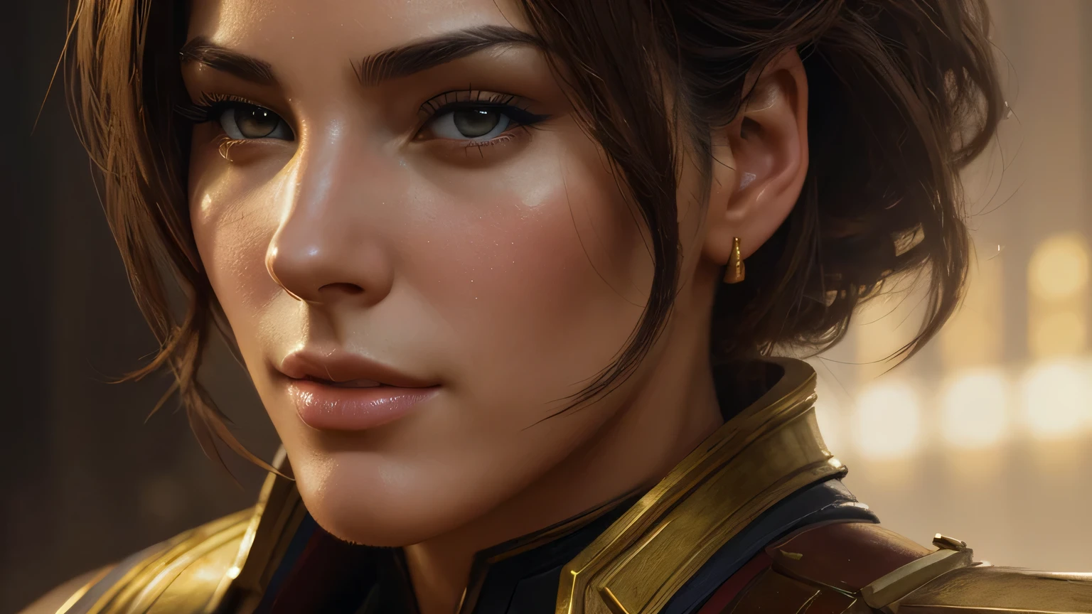 (((attractive woman))), のportrait (sks man) good impression, Street Fighter, attractive woman, Character Design, dynamic lighting, cool and bright colors, Gaston Bussière paintings, Craig Mullins, j. c. Leyendecker, Tom of Finland, masterpiece, 最high quality, high quality, High resolution, portrait､female armor､((close up of face))