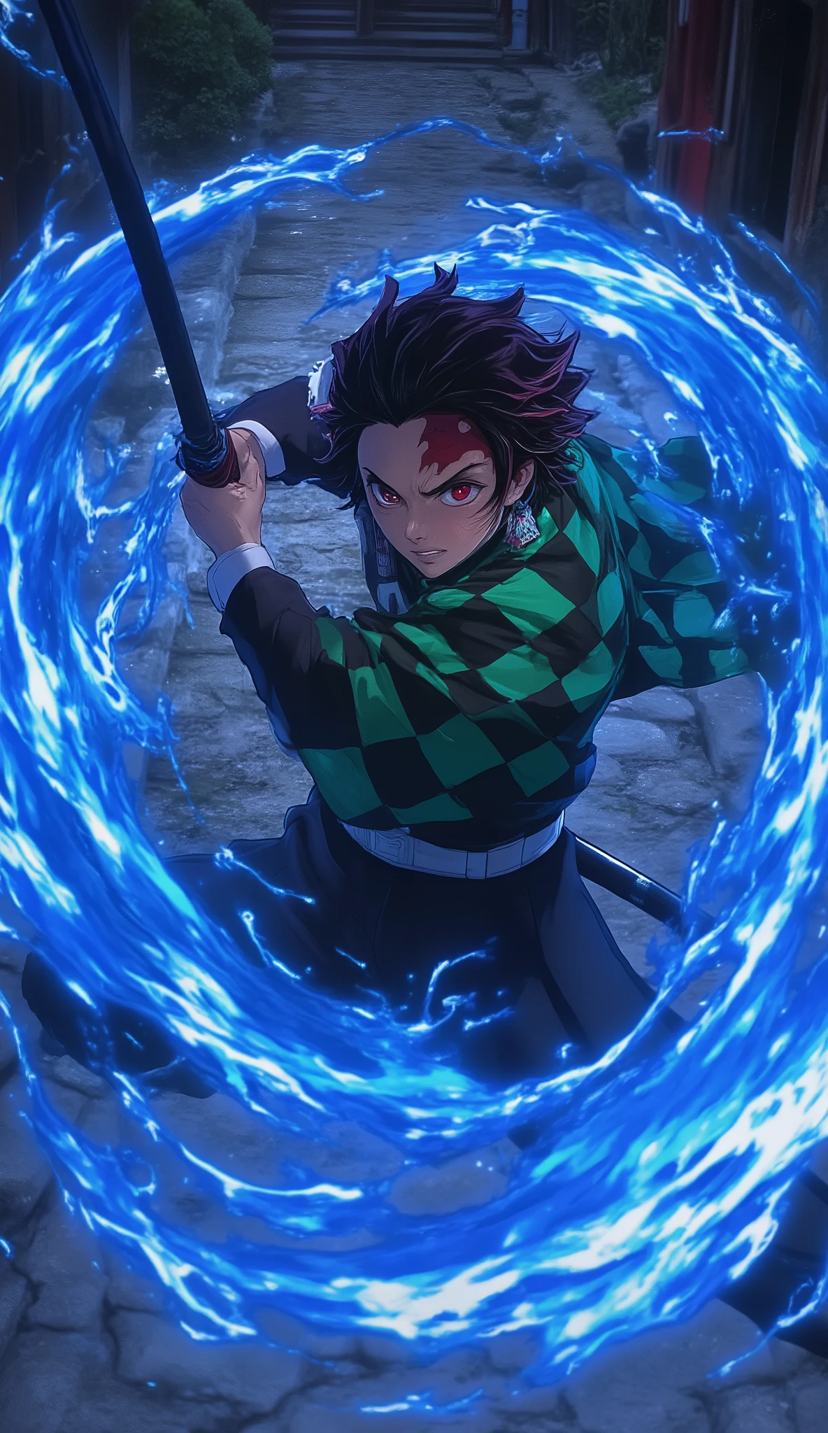 image is a vibrant and dynamic animated illustration featuring Tanjiro, who is fair skinned and has a dark face, the conversation with the, expressive eyes and determined expression. The character wields a Japanese sword with both hands, surrounded by swirling flames in the shape of a dragon. The flame has a bright blue hue、makes you feel movement and energy. Tanjiro wears a green and black checkered coat over dark clothes The, has disheveled black hair and is highlighted with red streaks. There are stone steps in the background 、some can see traditional Japanese buildings, Adds depth to the scene. The configuration is action-packed and visually impressive, emphasizes Tanjiro's concentration and power. 3d Characters