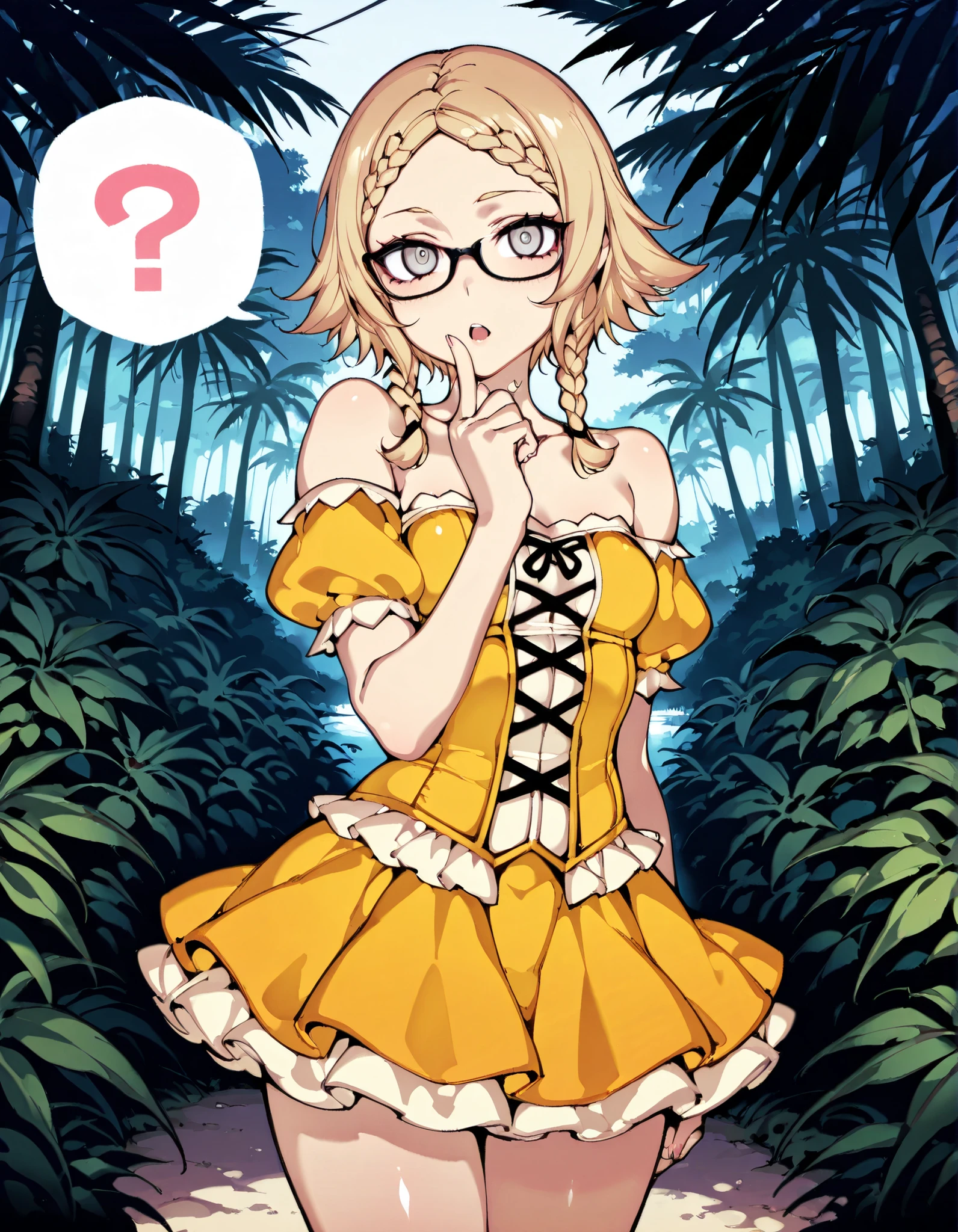 Source_anime, cute female, fishine style, 1girl, solo, megane girl BREAK 

Blonde hair, short hair, twinbraids, himecut, white eyes, small breasts BREAK 

Puffy dress, yellow dress, short sleeves, puffy sleeves, off-shoulder, black-framed_glasses, off-shoulder dress, collarbone, strapless, white trim BREAK  

Looking at viewer, curious face, front view, open mouth, standing, ?, finger to mouth

Outdoors, daytime, tropical forest, tr0p1c4l