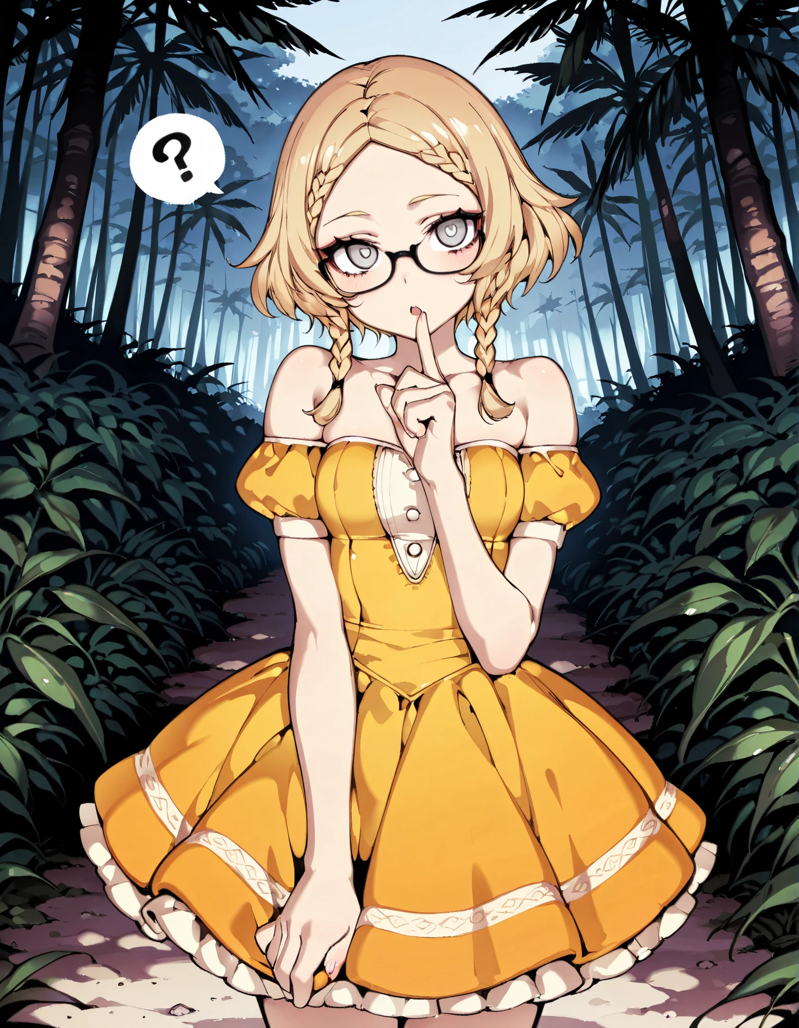 Source_anime, cute female, fishine style, 1girl, solo, megane girl BREAK 

Blonde hair, short hair, twinbraids, himecut, white eyes, small breasts BREAK 

Puffy dress, yellow dress, short sleeves, puffy sleeves, off-shoulder, black-framed_glasses, off-shoulder dress, collarbone, strapless, white trim BREAK  

Looking at viewer, curious face, front view, open mouth, standing, ?, finger to mouth

Outdoors, daytime, tropical forest, tr0p1c4l