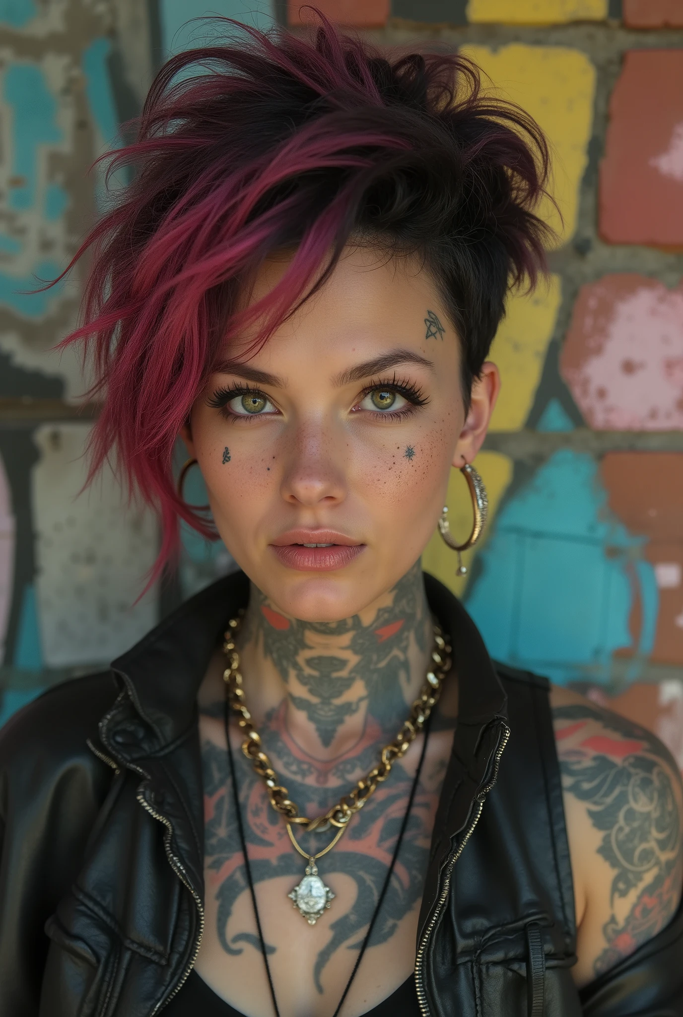 A punk style portrait of a woman with
wild, spiked multi-colored hair against
a grunge brick wall. The graffiti on the
wall merges with her vibrant tattoo art,
blurring the line between her and the
environment. Shot with Canon EOS R5,
50mm f/1.2 lens, intense direct flash to
highlight the edginess. Raw urban
energy, high contrast, vibrant colors,
8K ultra-HD, wide aperture for sharp
subject and blurred background