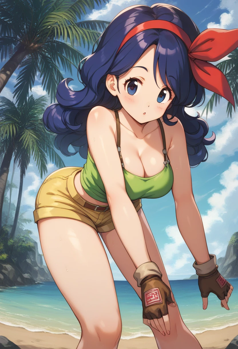 masterpiece, best quality, highest quality, photorealistic, perfect anatomy, perfect face, perfect eyes,
<lora:lunchdb_lora_01:0.9> lunchdb-good, blue hair, 1girl, breasts, shorts, gloves, smile, fingerless gloves, navel, midriff, large breasts, palm tree, belt, cleavage, blue hair, day, brown gloves, outdoors, sun, green crop top, sky, cloud, tree, hairband, shirt, looking at viewer, beach, long hair, yellow shorts, short shorts, blue eyes, blue sky, bare shoulders, collarbone, closed mouth, curly hair, ocean
<lyco:GoodHands-beta2:1.0>