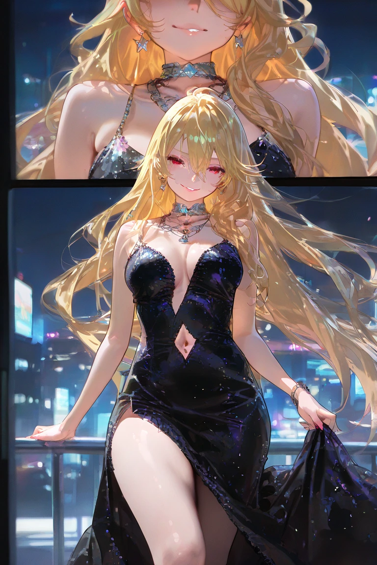 masterpiece, detailed, high quality, absurdres, kotoka, 1girl, solo, blush, multicolored hair, blonde hair, pink hair, medium breasts, curvy, wide hips, groin, long dress, side cutout, plunging neckline, sleeveless, (gold trim), red carpet, limousine,