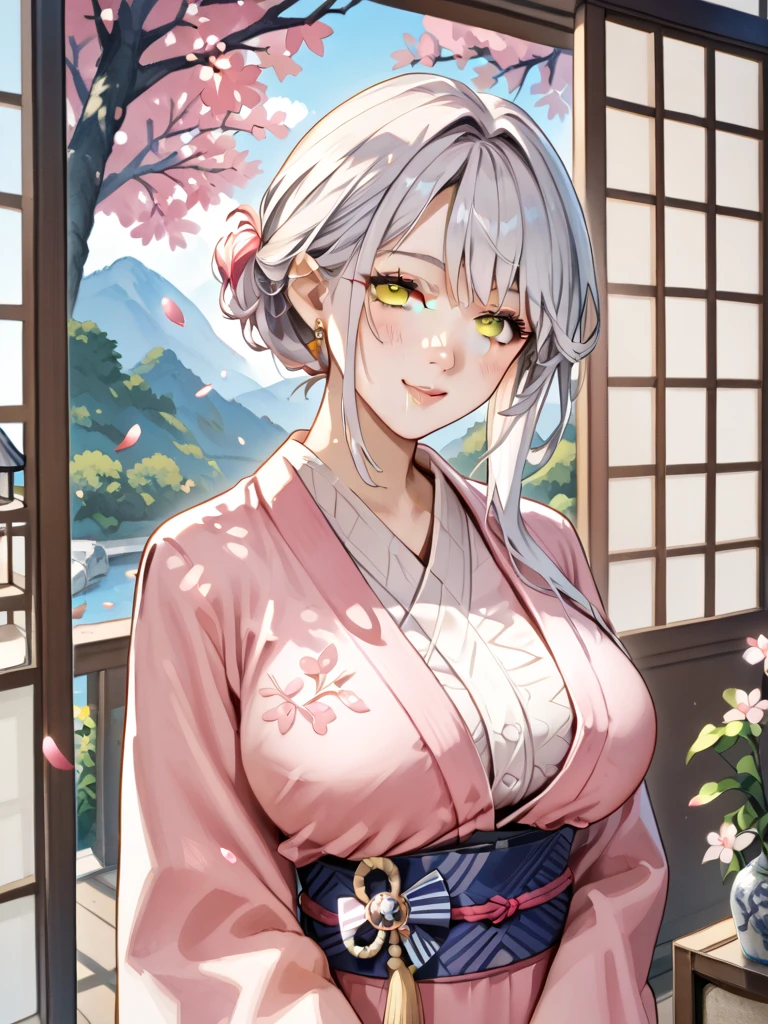 best quality, masterpiece, highres, solo, {yukata:1.40}, {kimono:1.20}, {belfast_azurlane:1.15}, long_hair, white_hair, bangs, breasts, large_breasts, braid, smile, cleavage, blush, french_braid, blue_eyes, purple_eyes, collarbone, chain
