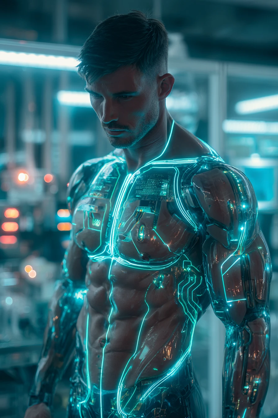 masterpiece, male cyborg, alley, neon lights, robotic parts, revealing, shirtless, huge pecs, hairy, seductive smile, HDR, 8K, absurdres,