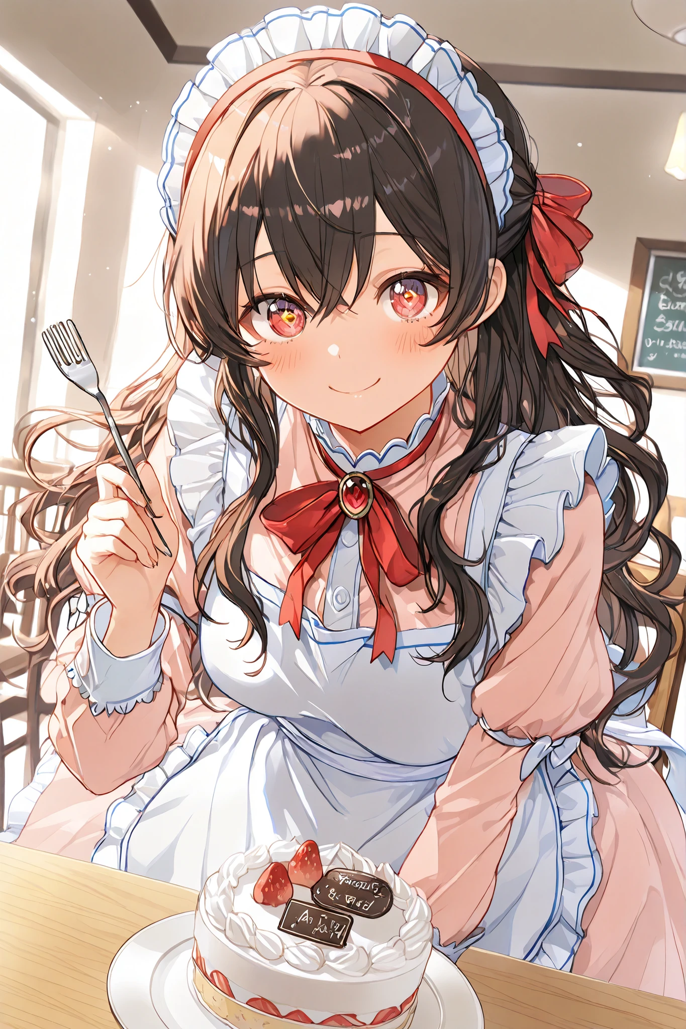 Highest Quality, super high resolution, masterpiece, A cute girl offering a cake, gentle smile, upward-looking expression, A gesture of carefully holding the cake with both hands, Delicate Fingers , A cake on a white plate, A pose of leaning forward as if offering it, Modest Gesture , strawberry shortcake, fighting over a cake with fluffy fresh cream, Bright Red Strawberries, A sparkling cake fork, A small silver plate, pink dress with rabbit ears, White frilly apron, Ribbon Embellishment , Lace sleeves, Chest Brooch, Neat attire, Half Up Hairstyle, Soft wavy hair, A small ribbon on the side, glossy hair, natural hair flow , shy smile, Pale cheeks, Sparkling Eyes, kind expression, The line of sight you look at your opponent , cafe table, antique chair, Lace Tablecloth, Warm indoor lighting, soft light, A cake display case in the background, cute interior decoration , A warm wood-grain interior, stylish atmosphere, 「please」A look that seems to say , A Heart of Hospitality, Sweet Scented Space, happy atmosphere