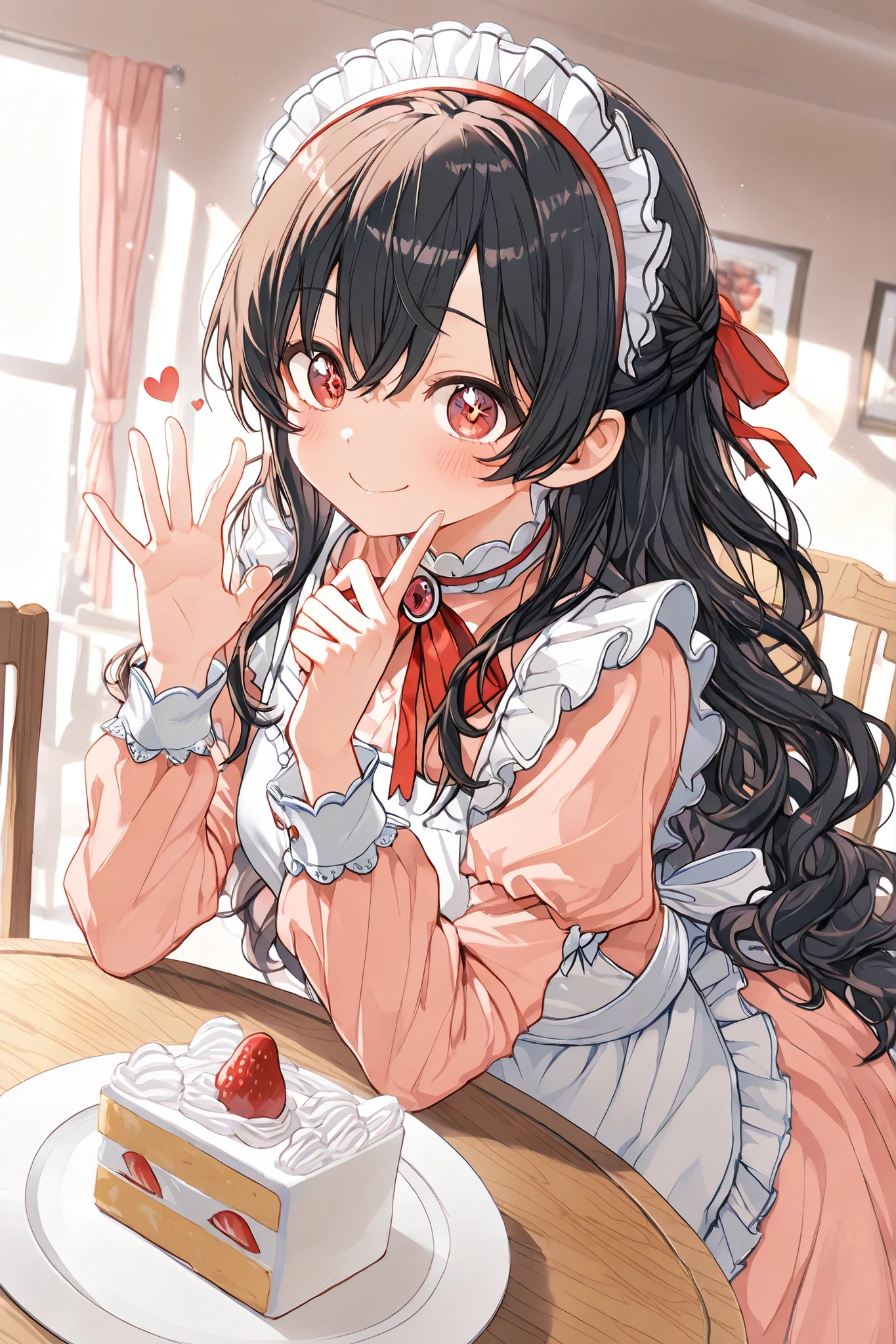 Highest Quality, super high resolution, masterpiece, A cute girl offering a cake, gentle smile, upward-looking expression, A gesture of carefully holding the cake with both hands, Delicate Fingers , A cake on a white plate, A pose of leaning forward as if offering it, Modest Gesture , strawberry shortcake, fighting over a cake with fluffy fresh cream, Bright Red Strawberries, A sparkling cake fork, A small silver plate, pink dress with rabbit ears, White frilly apron, Ribbon Embellishment , Lace sleeves, Chest Brooch, Neat attire, Half Up Hairstyle, Soft wavy hair, A small ribbon on the side, glossy hair, natural hair flow , shy smile, Pale cheeks, Sparkling Eyes, kind expression, The line of sight you look at your opponent , cafe table, antique chair, Lace Tablecloth, Warm indoor lighting, soft light, A cake display case in the background, cute interior decoration , A warm wood-grain interior, stylish atmosphere, 「please」A look that seems to say , A Heart of Hospitality, Sweet Scented Space, happy atmosphere