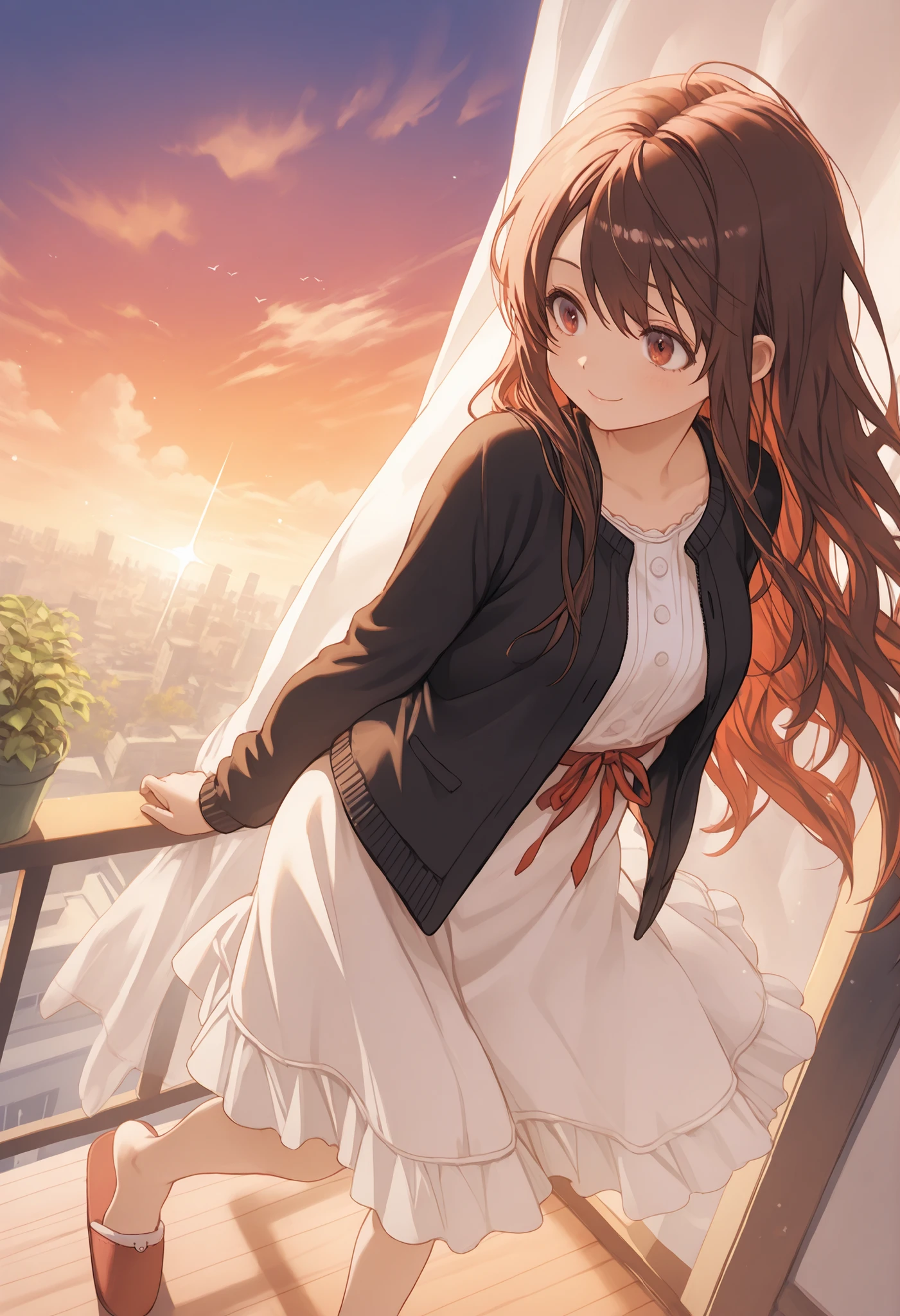 Highest Quality, super high resolution, Masterpiece, Girl Watching the Sunset, pensive expression, gentle smile, orange sunset sky, Clouds dyed crimson,The Setting Sun, Golden Rays, Twilight Gradation, Long flowing hair, on the roof of a school building,gesture to put hair on ear, Clear Skin, side face illuminated by the sunset, Pose Leaning on a Handrail, relaxed appearance, eyes staring into the distance, gentle expression, Laundry for drying in the room, swaying curtains, Planter Plants , The handrail on the veranda, Concrete Texture, city views from inside the house, Distant buildings, A silhouette of a cityscape, Sparkling windowpane, Bird Flying Sky , White Dress,thin cardigan, barefoot slippers, loosely tied hair , Natural Atmosphere, Gentle Twilight Wind, Comfortable air feeling, Quiet Time, Atmosphere where sadness and warmth mix, A scene from everyday life, gentle expression, Dreaming Eyes, nostalgic atmosphere, Moment of calm