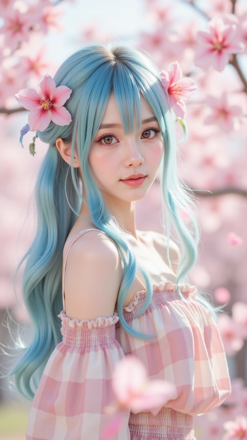 (Fluorescent color: 1.4), (Translucent: 1.4), (Vintage filter: 1.4), (Fantasy: 1.4), Candy World Disneyland Ethereal Soft Fluffy Soft Landscape Forest Snowflake Pale Pink Sky Green Blue Hair, ((Coiled Hair)), Light Blue, Sparkling Ethereal Light Soft Whimsical Light Diamond Sparkle Gemstone Background Ultra Realistic Ultra-high quality cinematic lighting Huge details Full HD painting Well lit, diagonal bangs,
Collared dress, sides
Masterpiece, Best Quality, Real Skin, (Portrait: 1.5), 1 Girl, Blunt Bangs, Long Hair, Sea of Flowers, Smell Flowers, Wear Flowers on Head, ((Smiling)), (Red Lipstick), (Blush), ((Shy)), Eyelashes, Eyeliner, Makeup, Short Hair, ((Pink Rabbit Ears))