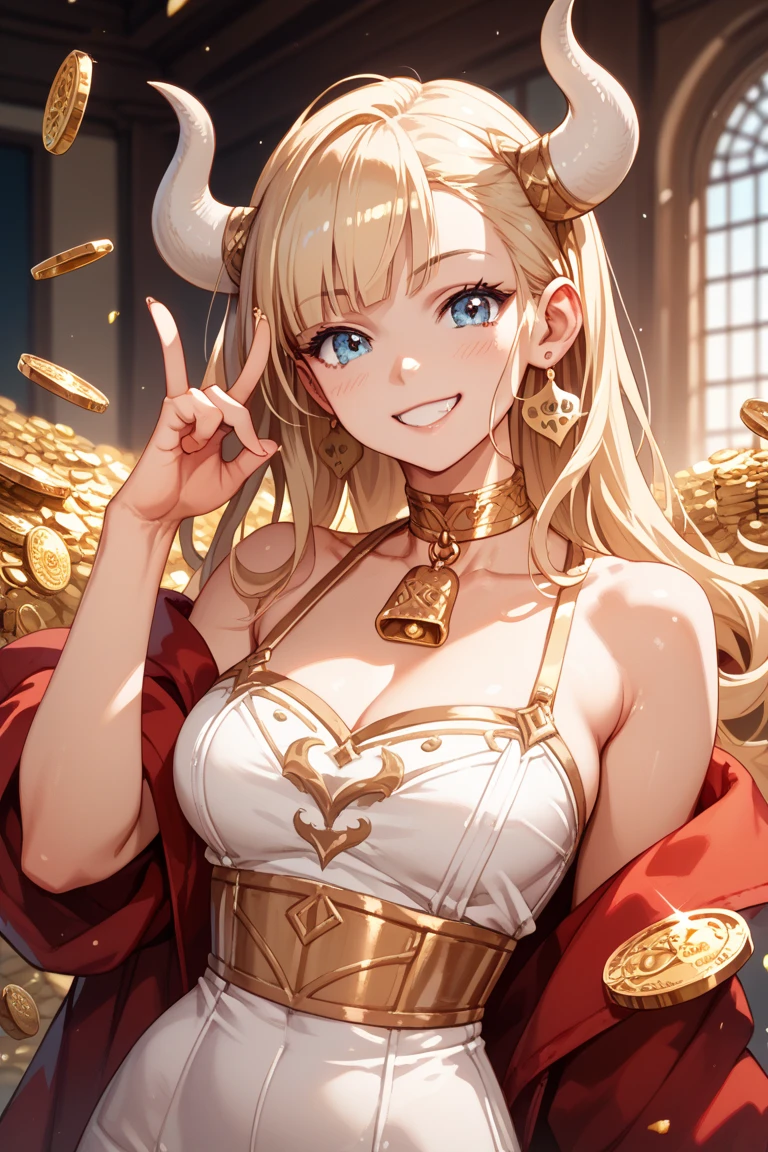 prosperity and fortune.

A hyper-realistic close-up of a Fortune Goddess, radiating divine elegance and wealth. She gazes directly into the viewer's eyes, her expression warm and serene, with a soft, confident smile that inspires hope and prosperity. Her flawless, glowing skin reflects a subtle

golden hue, and her eyes sparkle with flecks of gold and emerald, resembling the treasures she bestows.

Her intricate crown, crafted from gold and encrusted with emeralds and diamonds, rests regally on her head, each gemstone catching the light in a mesmerizing display. Her long, flowing hair cascades like molten gold over her shoulders, with delicate strands shimmering in the warm light. Around her neck lies a stunning golden necklace,

adorned with intricate patterns and emerald pendants that reflect the symbols of abundance and success.

The texture of her silk gown, embroidered with golden threads and intricate motifs of coins, lotus flowers, and flowing rivers, is visible in exquisite detail. She gently holds a radiant golden orb in one hand, glowing faintly with mystical energy, and in her other hand, she offers handful of gold coins, each coin engraved with delicate patterns of

The background is softly blurred to keep the focus on her divine presence, with faint hints of a golden aura and sparkling particles floating around her. The light reflects off her jewelry and skin, creating an ethereal yet lifelike glow, as if she is offering her blessings to the viewer in that very moment