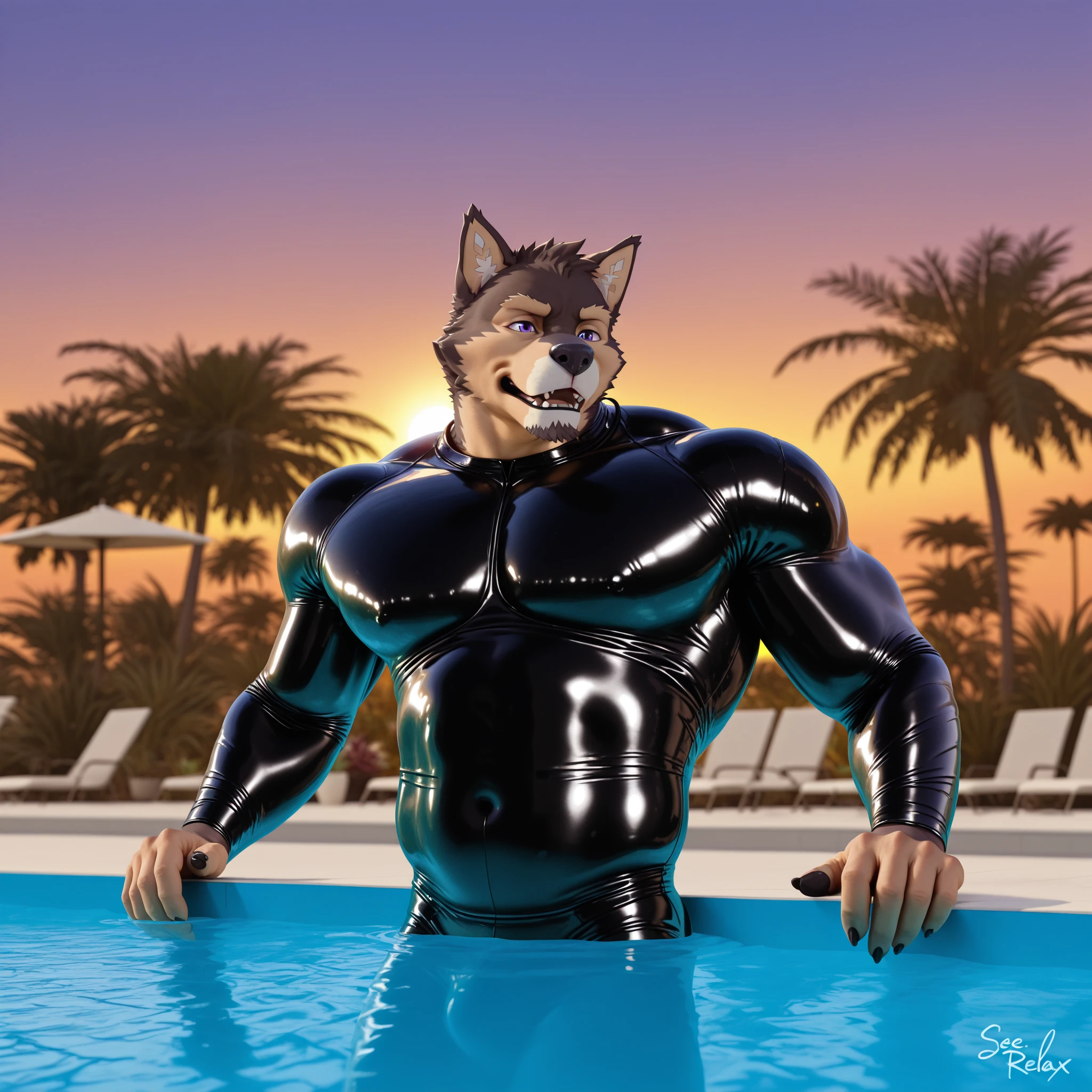 a giant anthro sergal swimming along in a pool at night, his gigantic hyper giant  floats on the water's surface. he has huge round pecs, big belly, massive arms, big thick thighs, broad shoulders. their skin is dripping wet and glossy. his giant arms are spread out wide, 3/4 view, wide angle lens, by darkgem