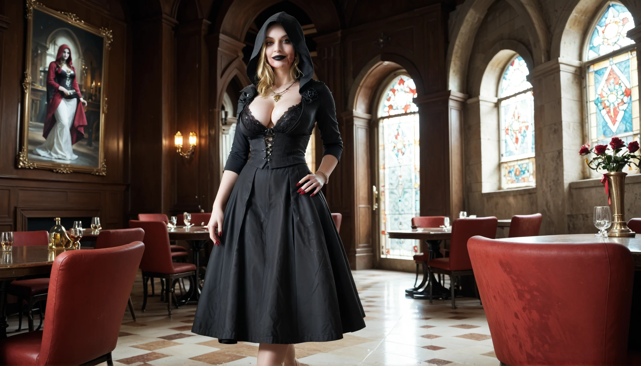  feet, view from below, sole, view from behind, big round ass , ass lines, buttocks focus, view from behind, big round , extreme close-up,huge butt, feet focus, smug bratty smirk,detailed foot, close to viewer, bela , 1girl , solo , blonde hair , hood , jewelry , long hair , necklace , blood, yellow eyes , hood up , black lips , blood on mouth , <lora:Bela_Dimitrescu_-_Resident_Evil_Village:0 . 5> masterpiece BREAK in the restaurant, mature, divine, goddess, woman, cleavage, athletic body, seductive, big round breasts, long nails, walking, hands on hips, posing, dynamic pose, dynamic view angle