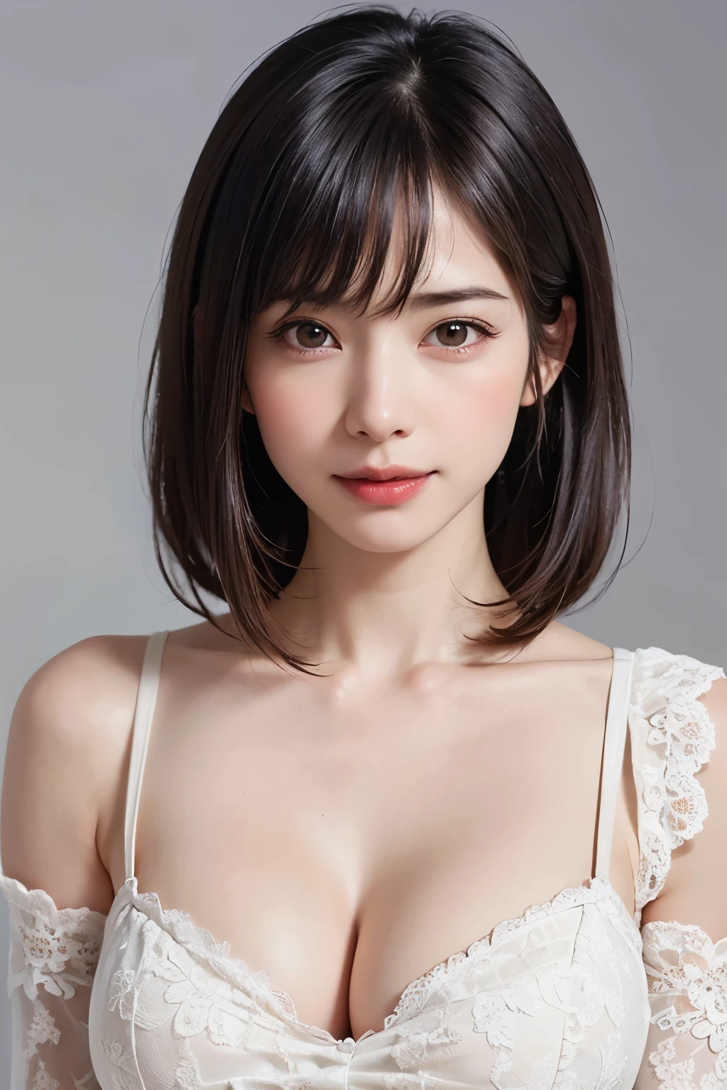 (table top, highest quality、ultra high resolution、face focus focus、Focus on the side、navel focus、decolletage focus、very attractive beauty、Add intense highlights to your eyes、look closely at the camera:1.4、Absolutely beautiful bangs:1.4、Brunette short bob hair with bangs:1.4),1 girl, Report, black haired, realistic, looking at the viewer, pale black eyes, short hair, lips, lip gloss, Upper body、Big eyes、eyelash)、((italian natural background、hyper real stick:1.4))、((short hair with bangs:1.4、Beautiful bangs with 46 points:1.4、{Huge|big|Hugeな|mega} :2, cleavage:2、Big eyes、Give students very powerful highlights、very bigger 、look at the audience、very beautiful beauty、show me your ears、beautiful long neck、beautiful decollete、smile、A smilee　beautiful teeth、Open your mouth and smilee))、28 years old、very cute super model、perfect 