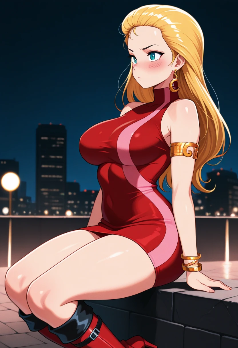 Pacifica, Massive , ((standing straight)), Blonde hair, ((Cleavage)), (perfect arms), Massive Cleavage, ((pink lips)), (((City in background)))
