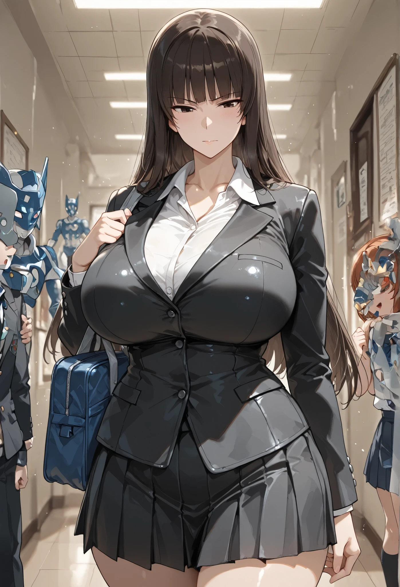 big breasts,Giant Bob,Nishizumi Shiho,long hair, Masterpiece, Great Quality , Young Woman, student, school uniform, End tip , stand, ,,,( 