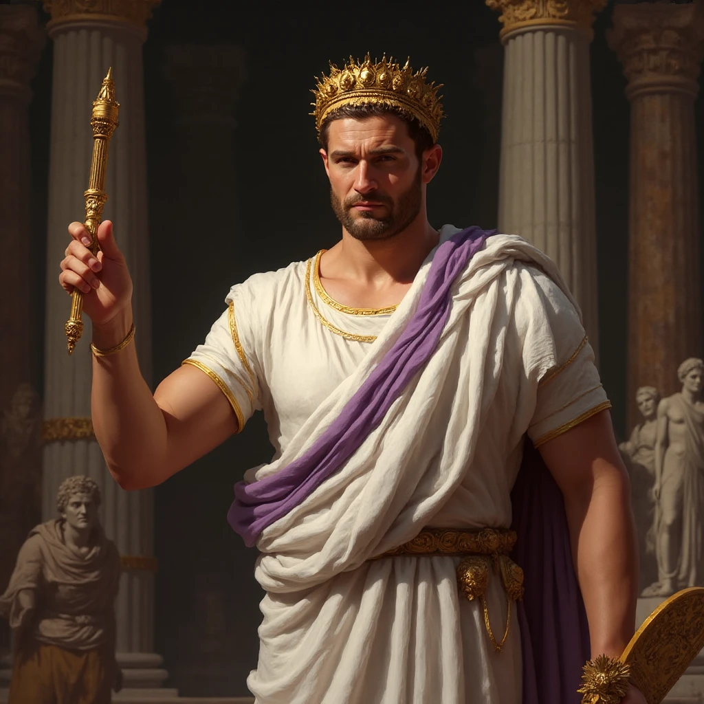 The painting depicts Julius Caesar, Emperor of Rome, facing the observer, his expression is serene and authoritative, he wears a richly adorned purple imperial toga, a golden laurel crown rests on his head, his gaze is piercing and conveys wisdom and power, in the background, Roman columns and a twilight sky add majesty to the scene, the soft lighting highlights the details of his face and attire, creating a depth and realism effect characteristic of the Renaissance.