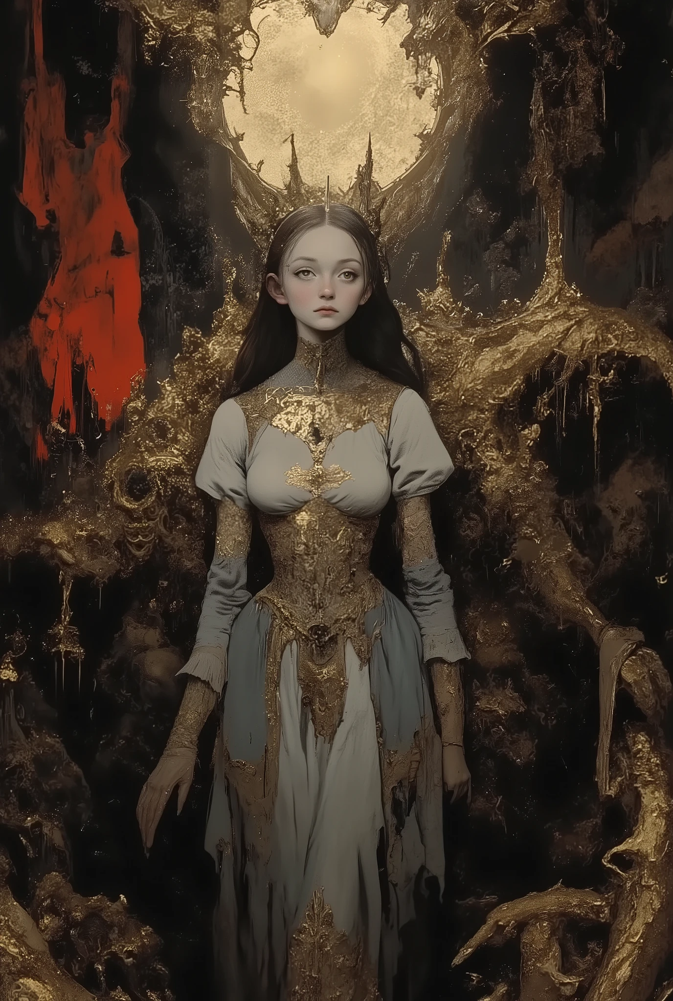 abstract inkwash image, anime aesthetics, mystery, surrealism, futurism, tension, abstraction,A princess who betrayed her kingdom, walking a path of no return