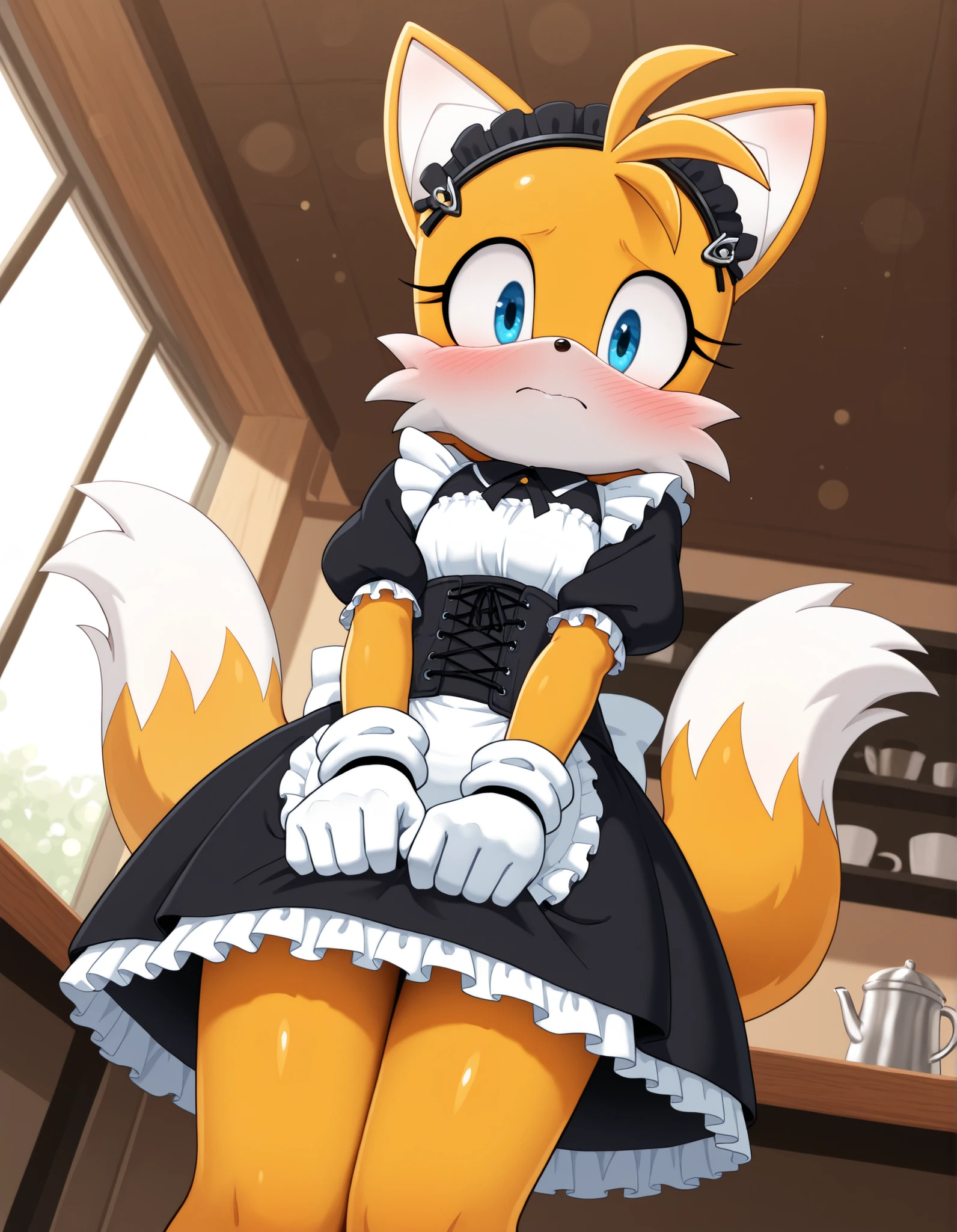 masterpiece, best quality, absurdres, bokeh, solo, male, 1boy, Cafe, Japan, sonic, Tails the Fox, yellow fur, blue eyes, two tails, white gloves, black maid outfit, frilly dress, hairpiece, corset, gloom, looking at viewer, from below, dread, embarrassed, 
