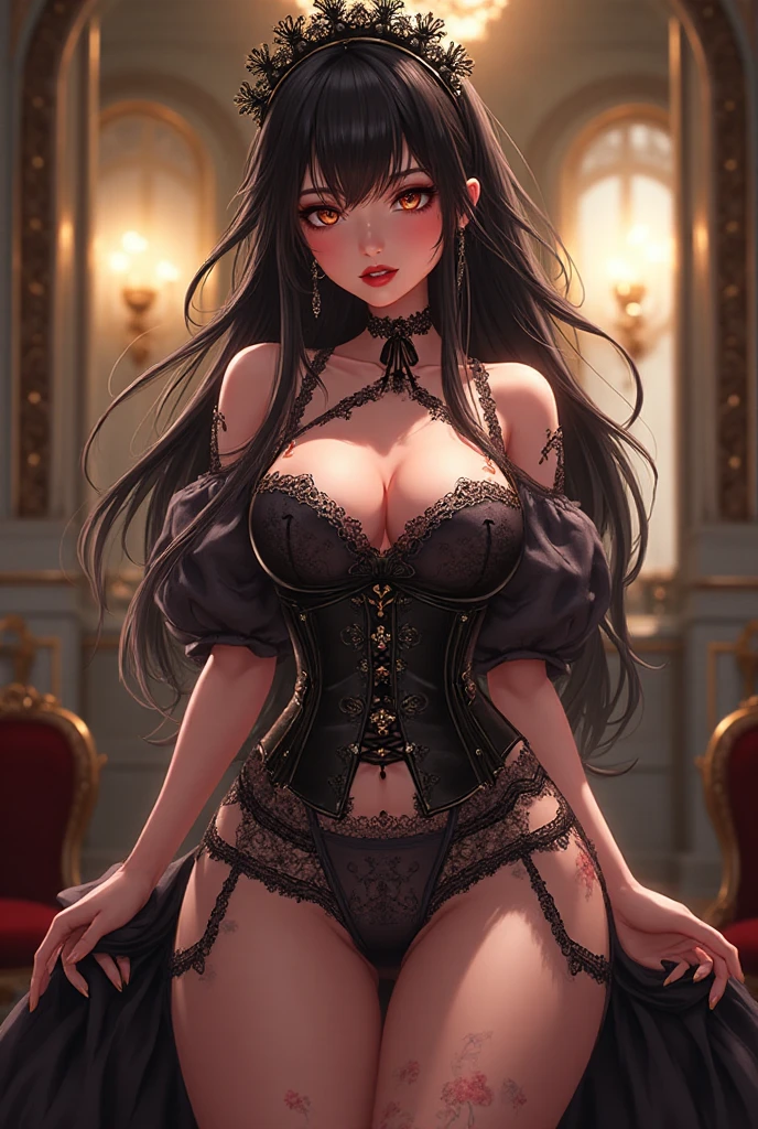 4K, Masterpiece, highres, absurdres, garterbelt,GothGal , woman wearing a ([garterbelt,lingerie|GothGal,dress,metal, iron chains, leather harness]::0.75), <lora:edgGothGarterbelt:0.77>
