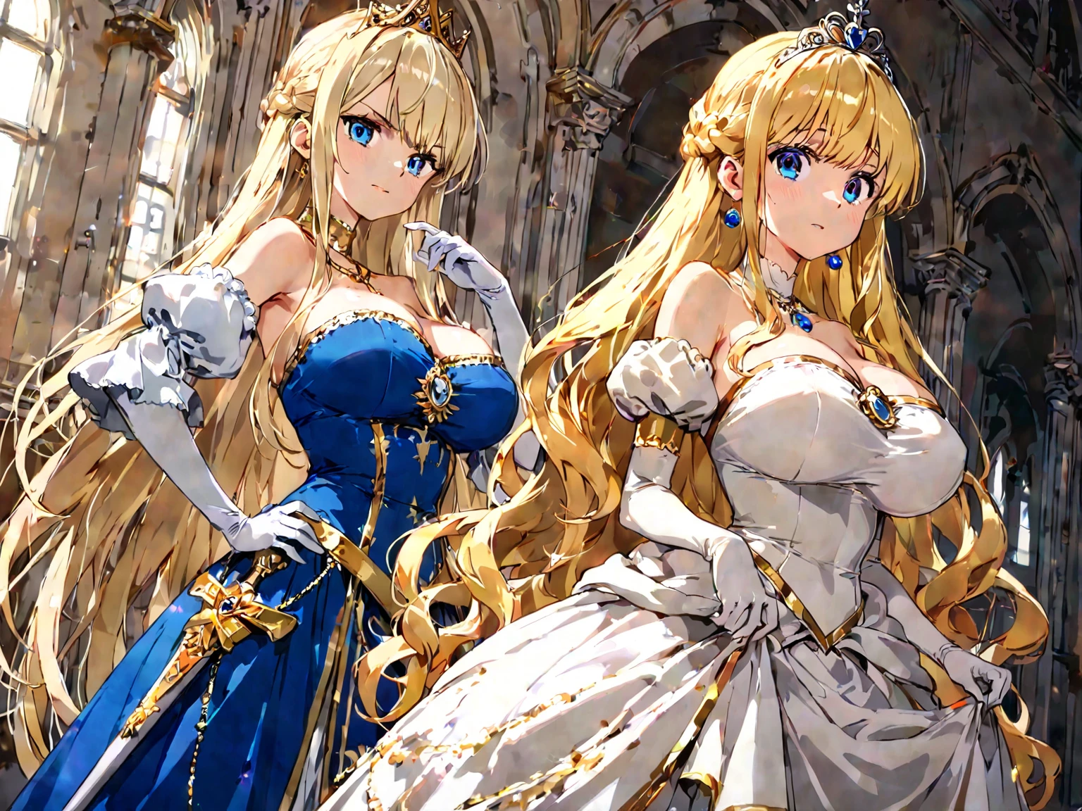 The social debut of lavishly dressed young ladies, Three young ladies, Medium Cut, Blonde Hair, Gold decoration, hair ornaments, (Blue Eyes:1.3), lize, SMILE, smile, Thighs, gloves, Waistline, Earrings, 白いgloves, 指なしgloves, leather trim, White Wedding Dress, ballroom dress, vision(Expert Preference), Leotard Dresses, REST outdoors, REST looking at the viewer, (Cowboy Shot:1. 1. 5）、（masterpiece：1.2）、Highest quality、High resolution、Unity Wallpaper 8k、（An illustration：0.8）、（Beautiful detailed eyes：1.6）、Highly detailed face、Perfect lighting、Highly detailed CG、（Perfect hands、Perfect ???????）、