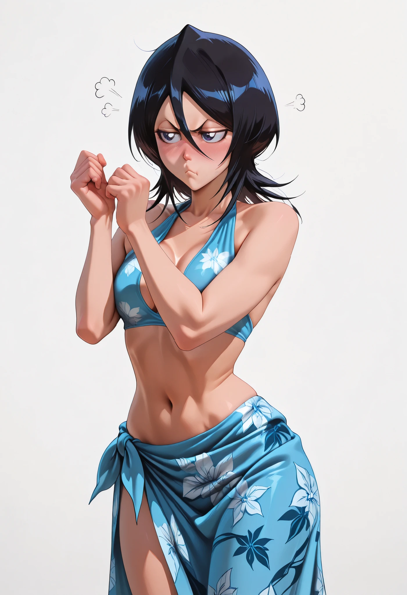 "Rukia Kuchiki. ,white background, empty background, LARGE BREAST, pouting expression, sarong, standing shyly, slightly blushing, soft curves, realistic fabric stretch,, posing, standing,