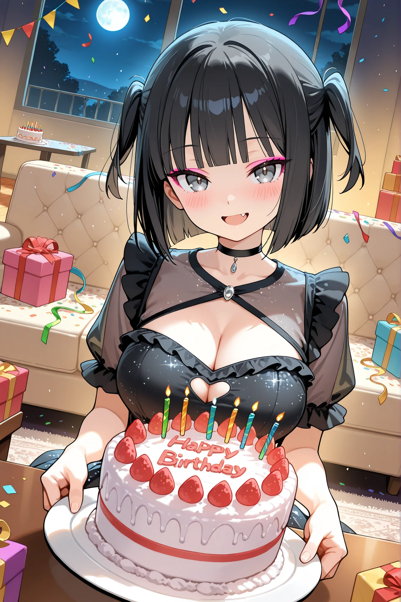 1girl, solo, character focus, close to viewer, upper body, front view, dutch angle, dynamic angle, light particles, (((birthday cake))), (((birthday party))), (((Party Decorations))), (((Lots of gift boxes))), (((confetti))), (((party crackers))), (((sofa))), (((table))), (((carpet))), moon, (((night))), A girl holding a plate with a cake on it, sitting, holding plate, looking at viewer, blush, happy smile, open mouth, cleavage cutout, frilled dress, glitter dress, see-through black dress, black hair, blunt bangs, gray eyes, expressionless, bob cut, short hair, two side up, large breasts, sidelocks, fang, pink eyeshadow, black choker, tsurime, soft lighting, high detail, anime style, {animated painting}, {{{{{five hand fingers}}}}}, {{{{{4fingers and 1thumbs}}}}}, {{{high resolution}}}, {{{best quality}}}, {{ultra-detailed}}, {illustration}, {{an extremely delicate and beautiful}},